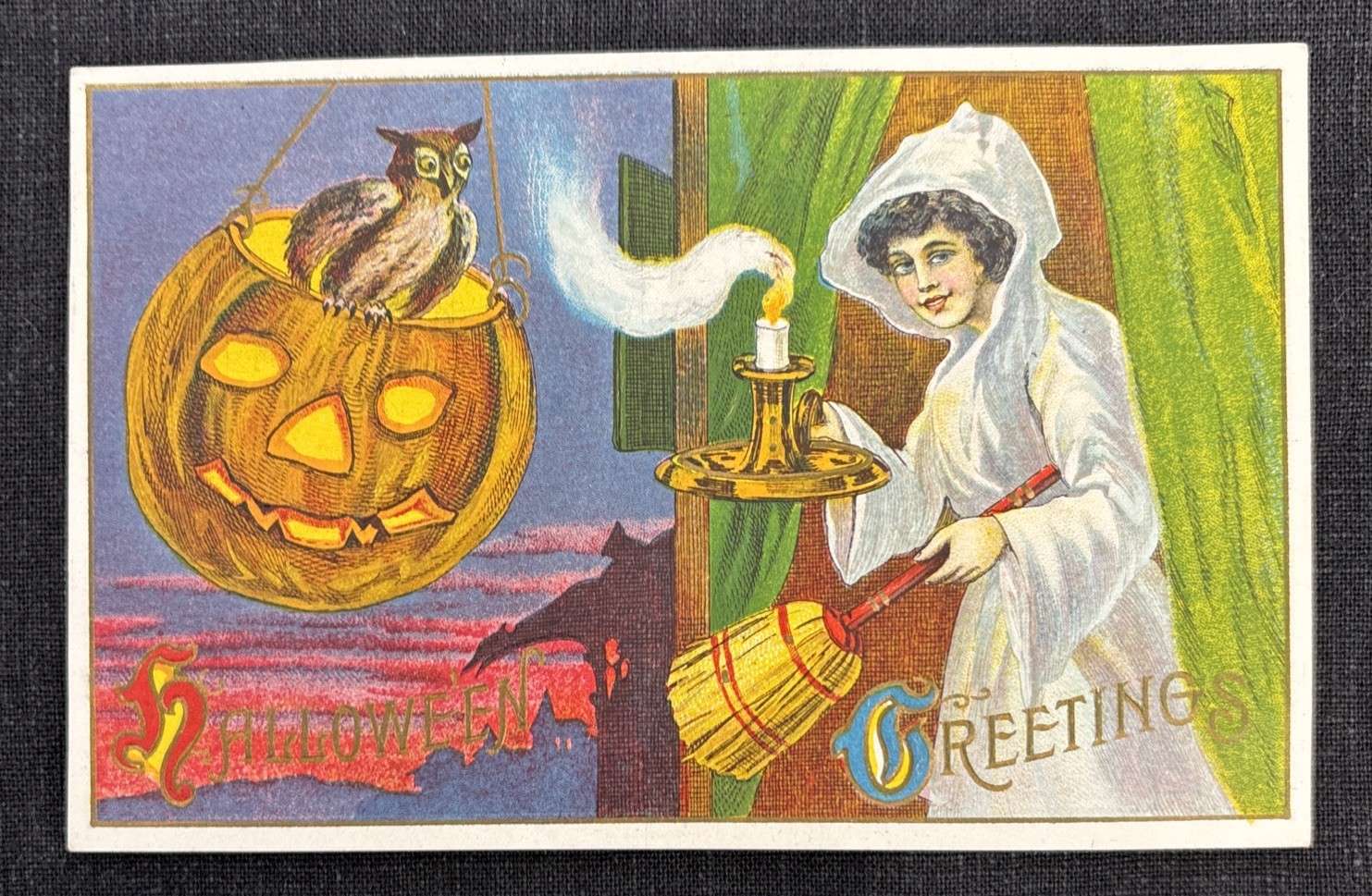 Vintage 1912 Halloween Greetings Postcard Jack-o-Lantern Owl Candle L M Jackson