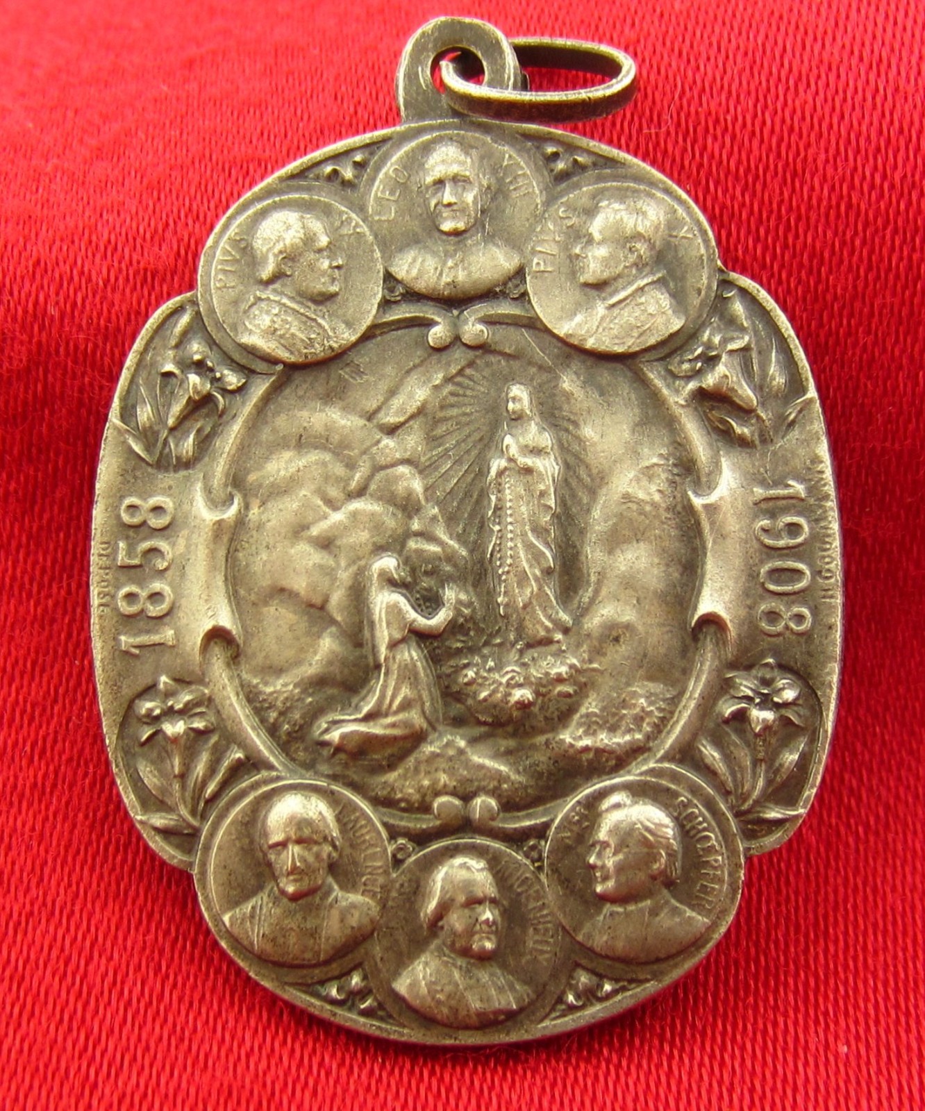 Antique LOURDES Medal MARY BERNADETTE POPES Large Catholic Pendant 1858-1908