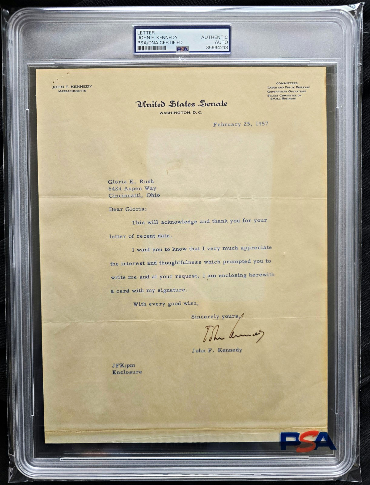 JOHN F. KENNEDY PRESIDENT SIGNED AUTOGRAPH LETTER PSA/DNA AUTHENTIC