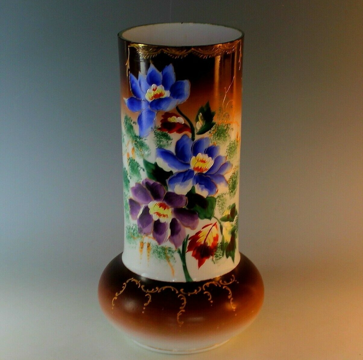 Antique Late 19th Early 20th Cent. Bristol Glass Vase Painted Flower Decoration 