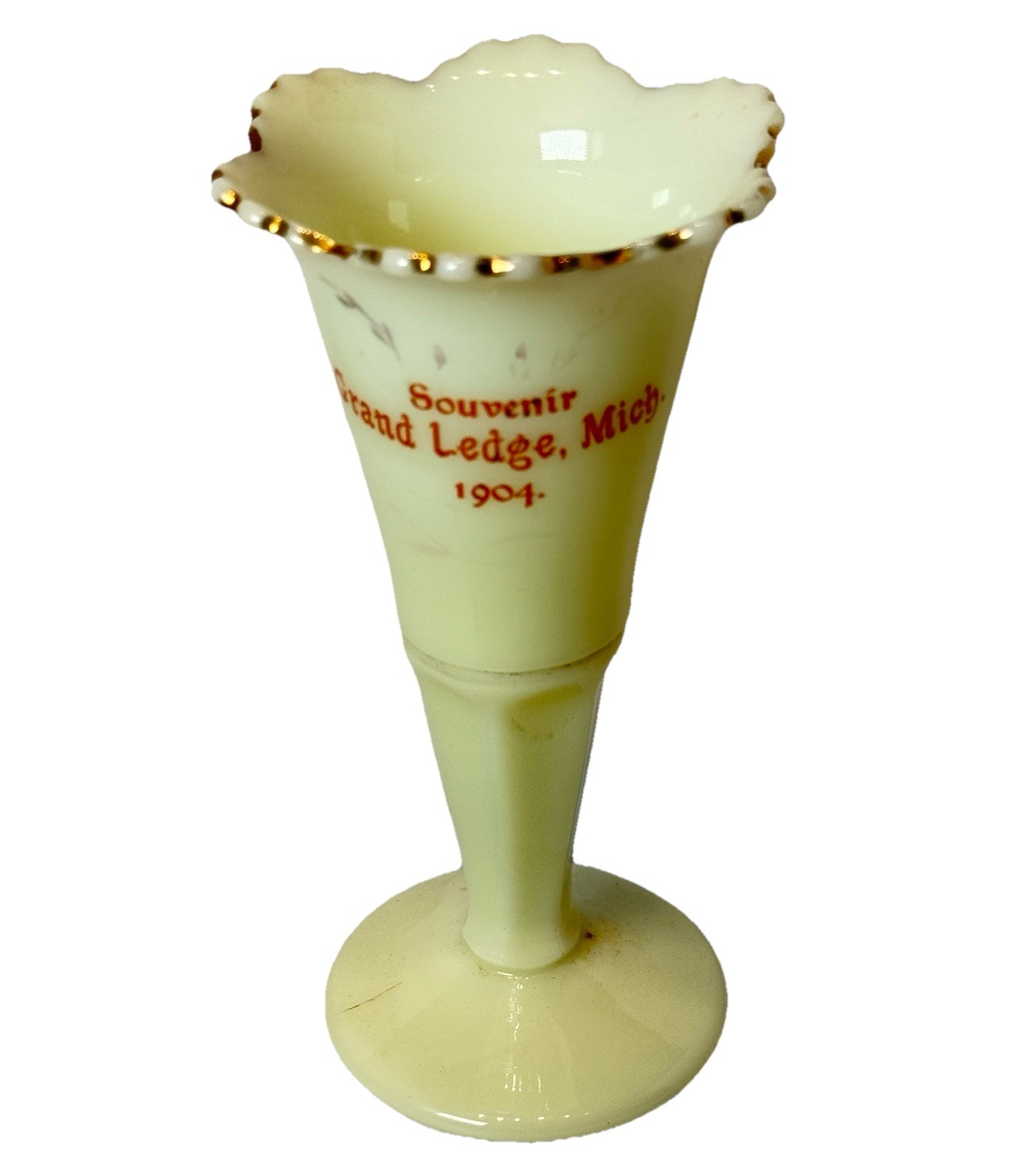 GRAND LODGE MICHIGAN MI Uranium Antique Custard Glass Souvenir Trinket CUP 1904 GRAND LODGE MICHIGAN MI Uranium Antique Custard Glass Souvenir Trinket CUP 1904