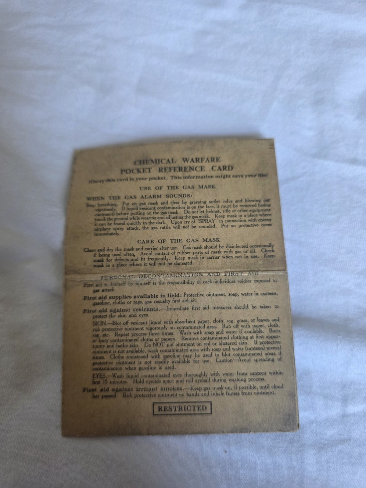 World War II Era Vintage Chemical Warfare Pocket  Reference Card