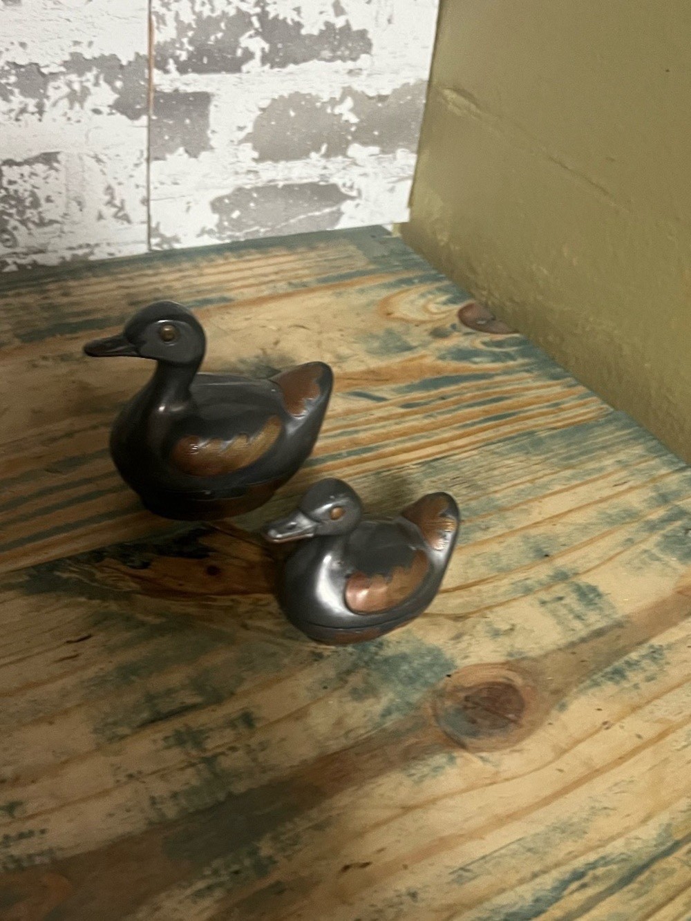 Set Of 2 Vintage Pewter & Brass Duck Lidded Trinket Boxes Crafted in Hong Kong