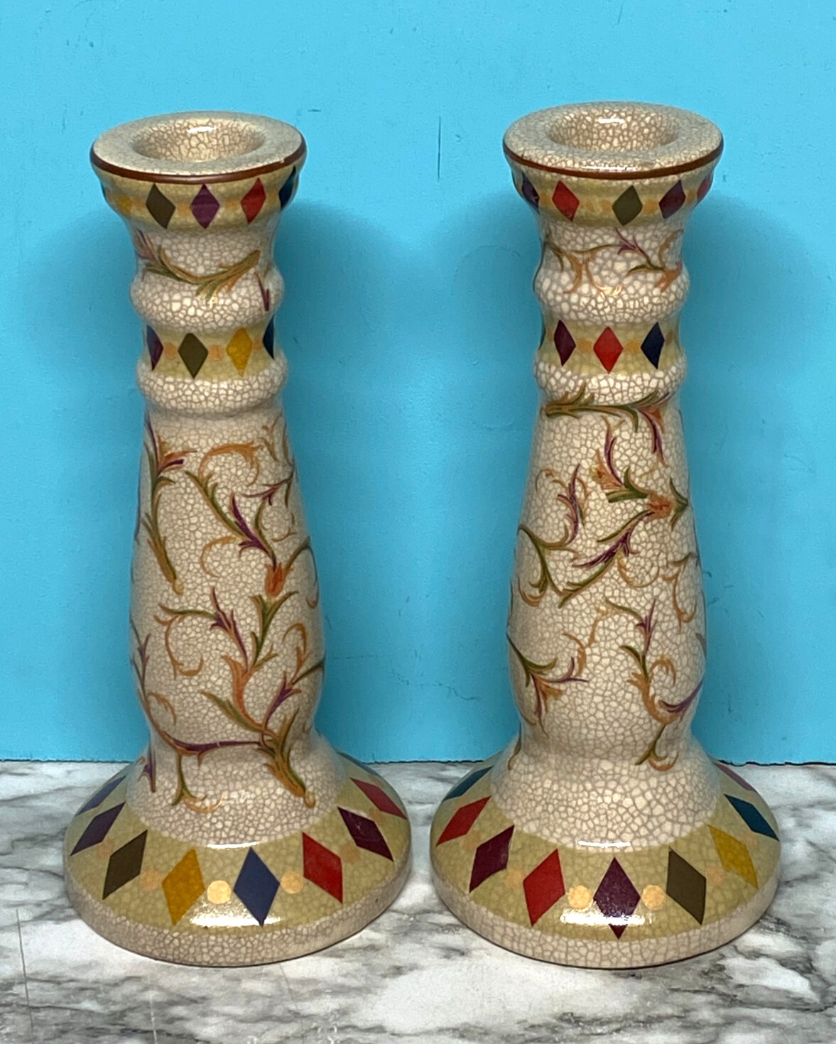 Pr. Large Pottery Candlesticks Crackle/Geometric/Vine Design