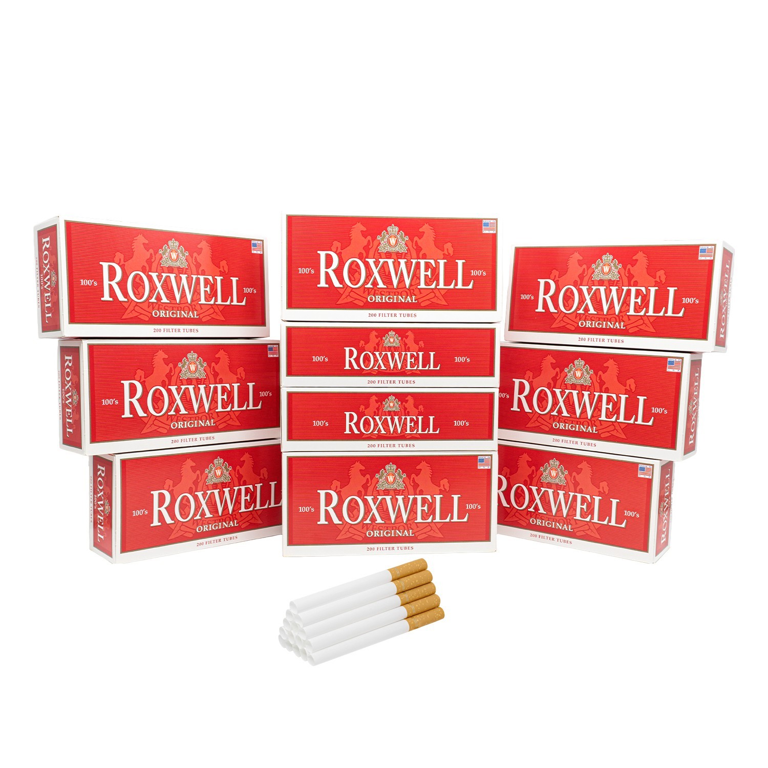 Roxwell Cigarette Tubes 100s Size Red 2000 count 10 Boxes of 200 RYO Tubes