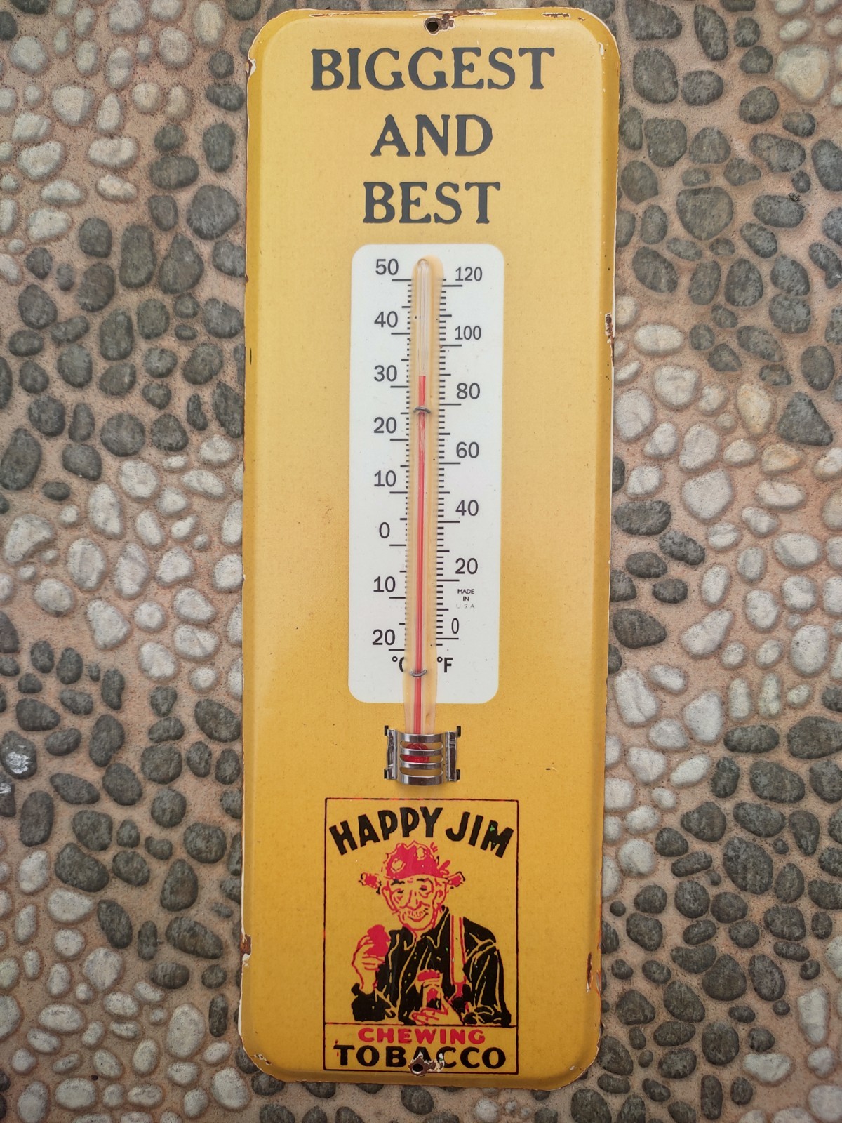 Vintage Vibes Only Happy Jim Tobacco Metal Thermometer – Aged to Perfection