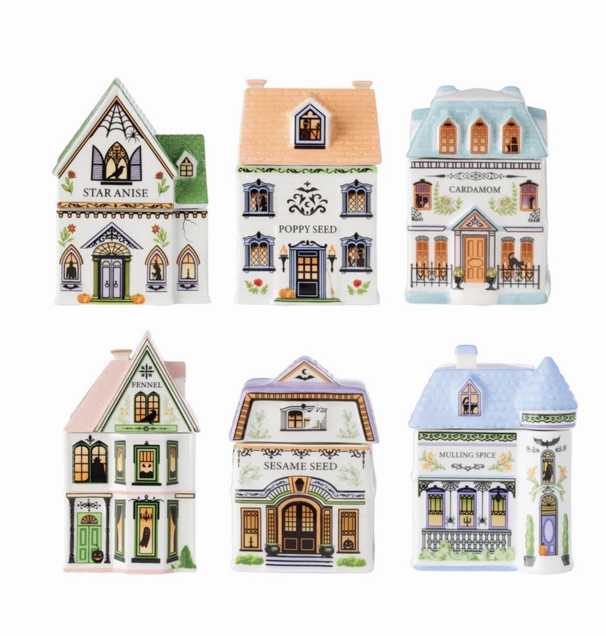 LENOX Halloween Spice Village 6-Piece Spice Jar Set NEW