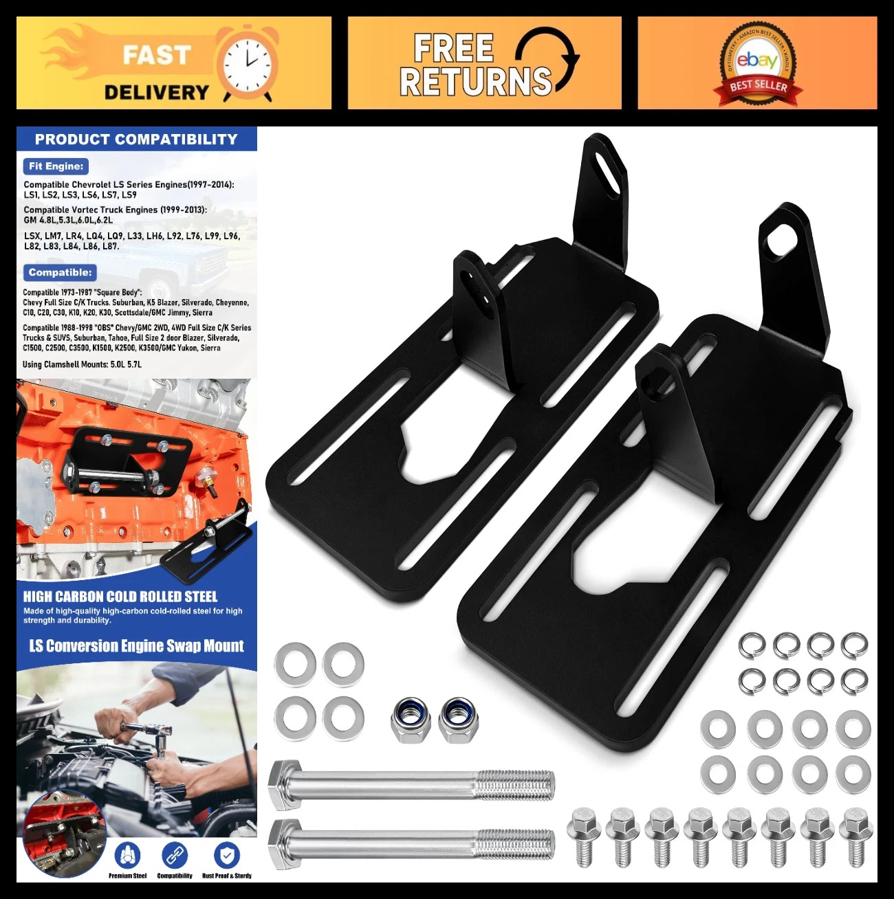 LS Swap Motor Mounts for 1973-1998 Chevrolet C10 C/K 1500 Trucks, 2WD/4WD, Fuel