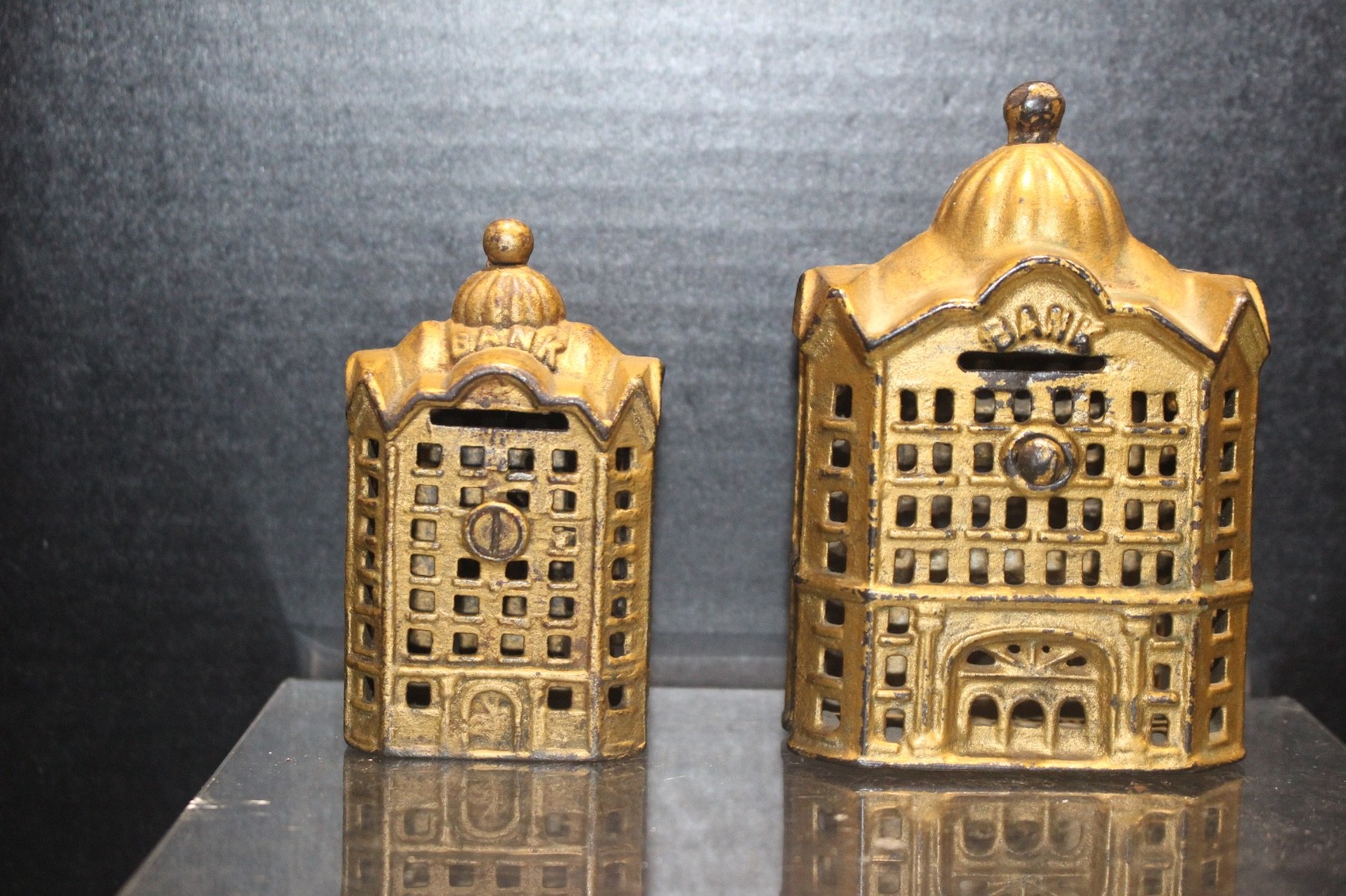 TWO VINTAGE A.C. WILLIAMS MOSQUE CAST IRON COIN BANK 1910s VERY GOOD PLUS