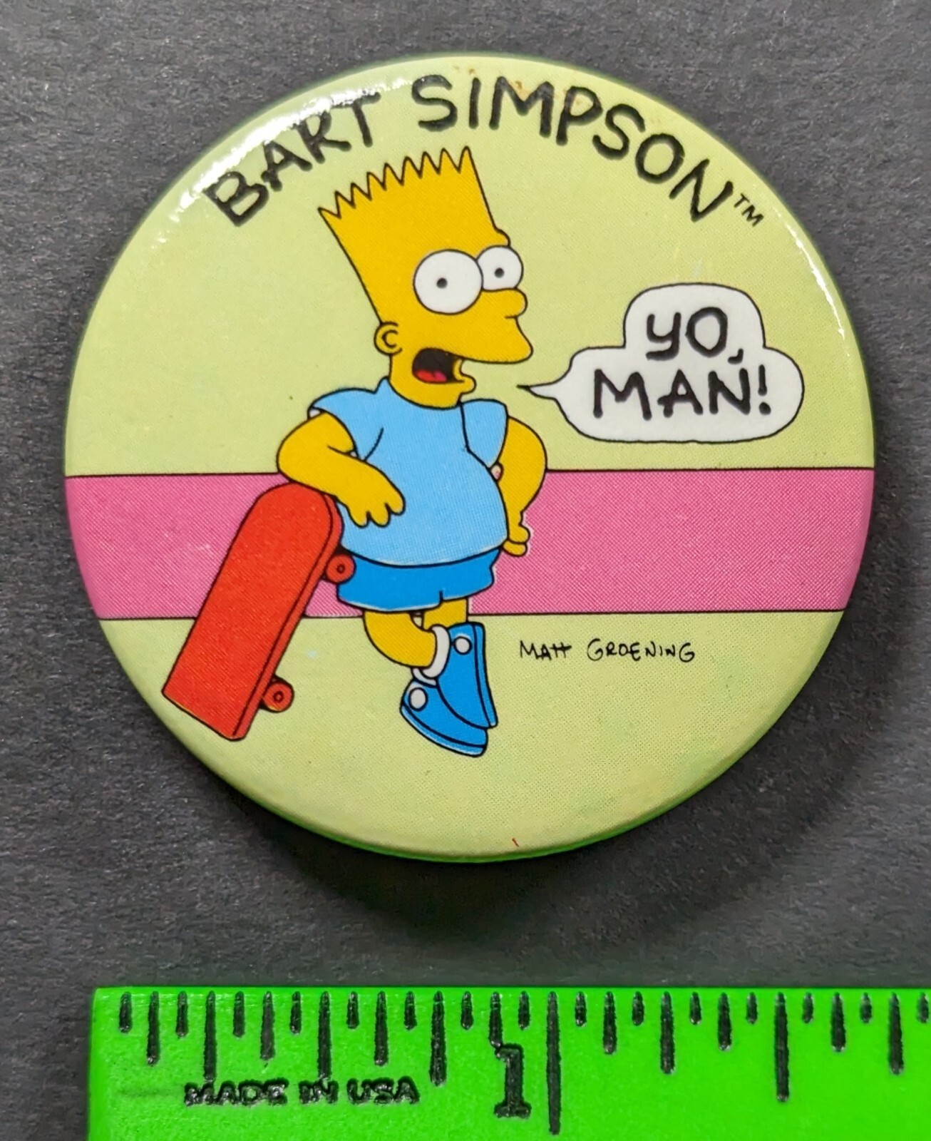 Vintage 1989 Bart Simpson Yo Man Skateboard Pinback Pin
