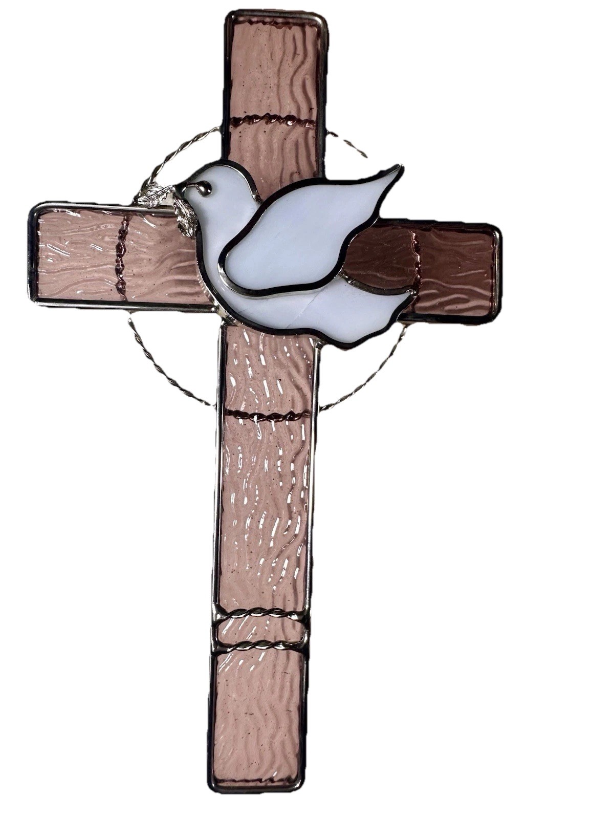 BEAUTIFUL PINK  STAINED GLASS CROSS  Peace Dove With Olive Branch
