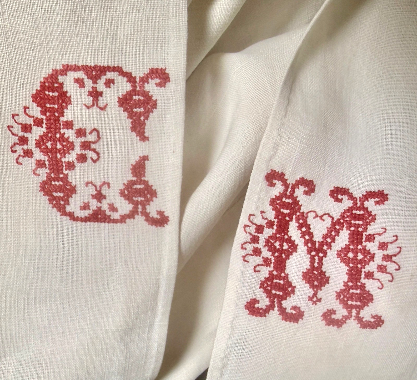 Antique 1900s Large French Homespun Linen Sheet Red Work Monogram B347