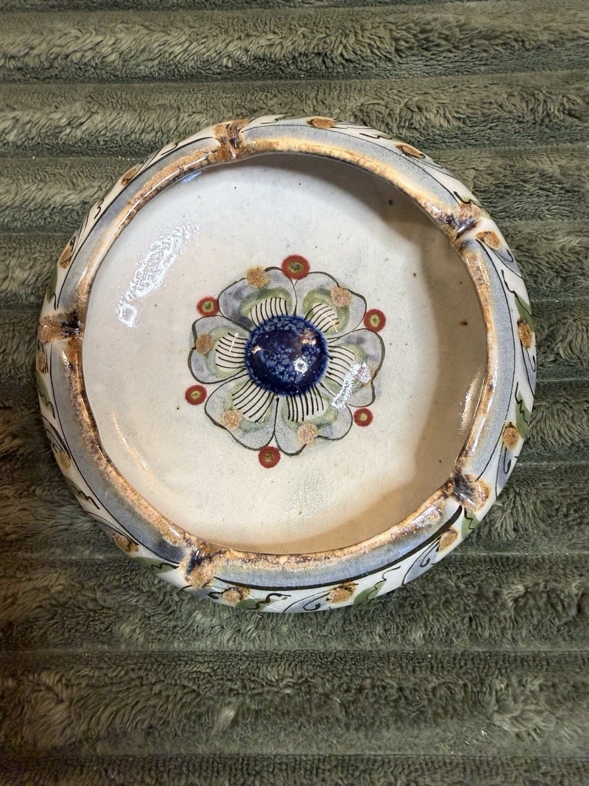 Vintage Ken Edwards Tonala Mexico Pottery Ashtray Blue Floral Signed KE Vintage Ken Edwards Tonala Mexico Pottery Ashtray Blue Floral Signed KE