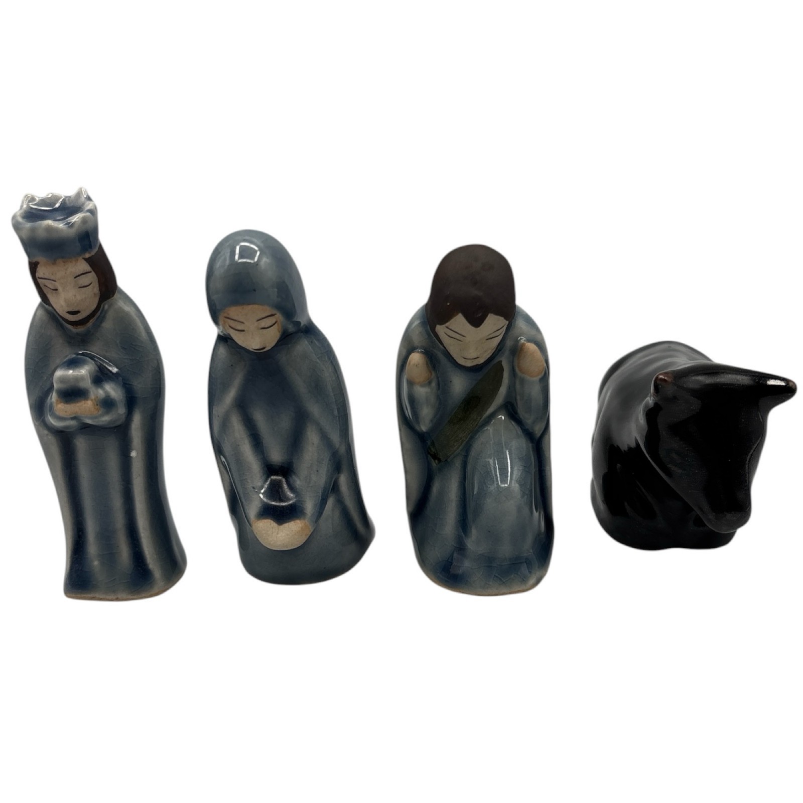 Celadon 4 Blue Crackle Glaze Ceramic Nativity Set  “Thai Holy Birth in Blue” VTG