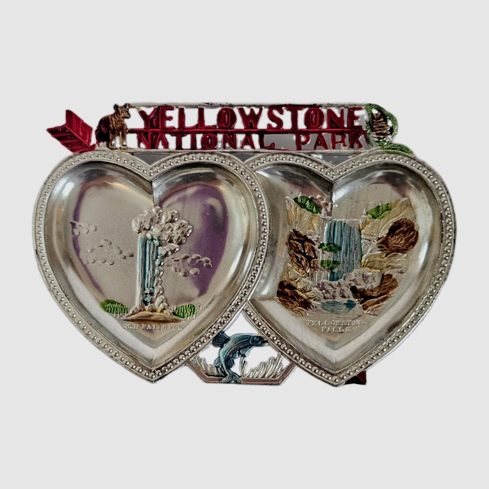 7 VTG Yellowstone National Park Double Heart Metal 60s Souvenir Trinket Ashtray