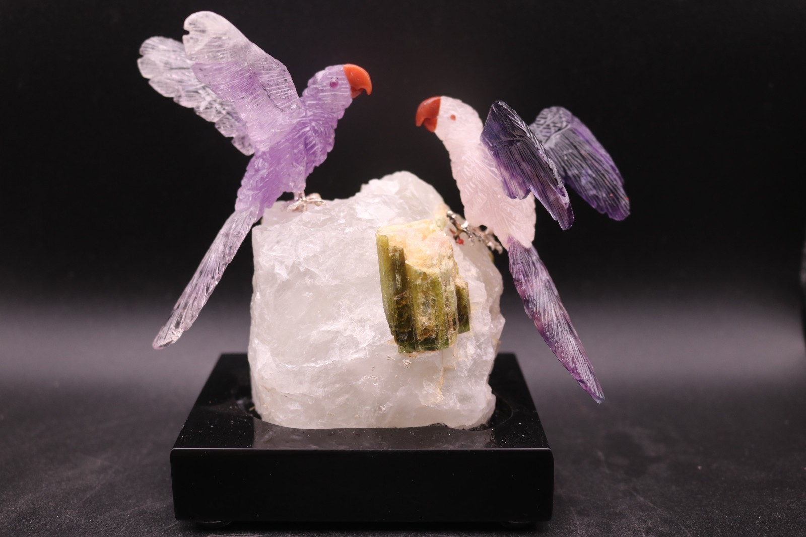 Peter Muller Hand Carved Amethyst, Quartz, & Fluorite Macaw Pair on Tourmaline