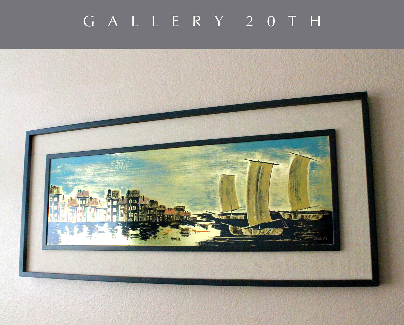 STUNNING METALLIC CITYSCAPE ORIG. ART VTG WALL 50's 60's MID CENTURY SEASCAPE