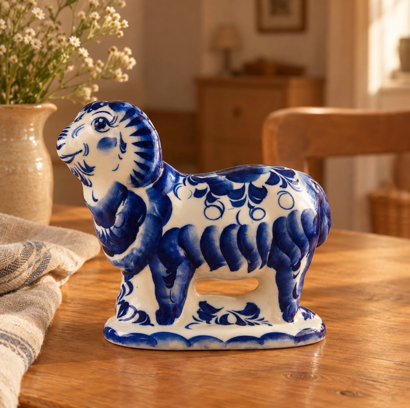 Large Gzhel Porcelain Ram Figurine Handmade Blue White Zodiac 2027 7.5\
