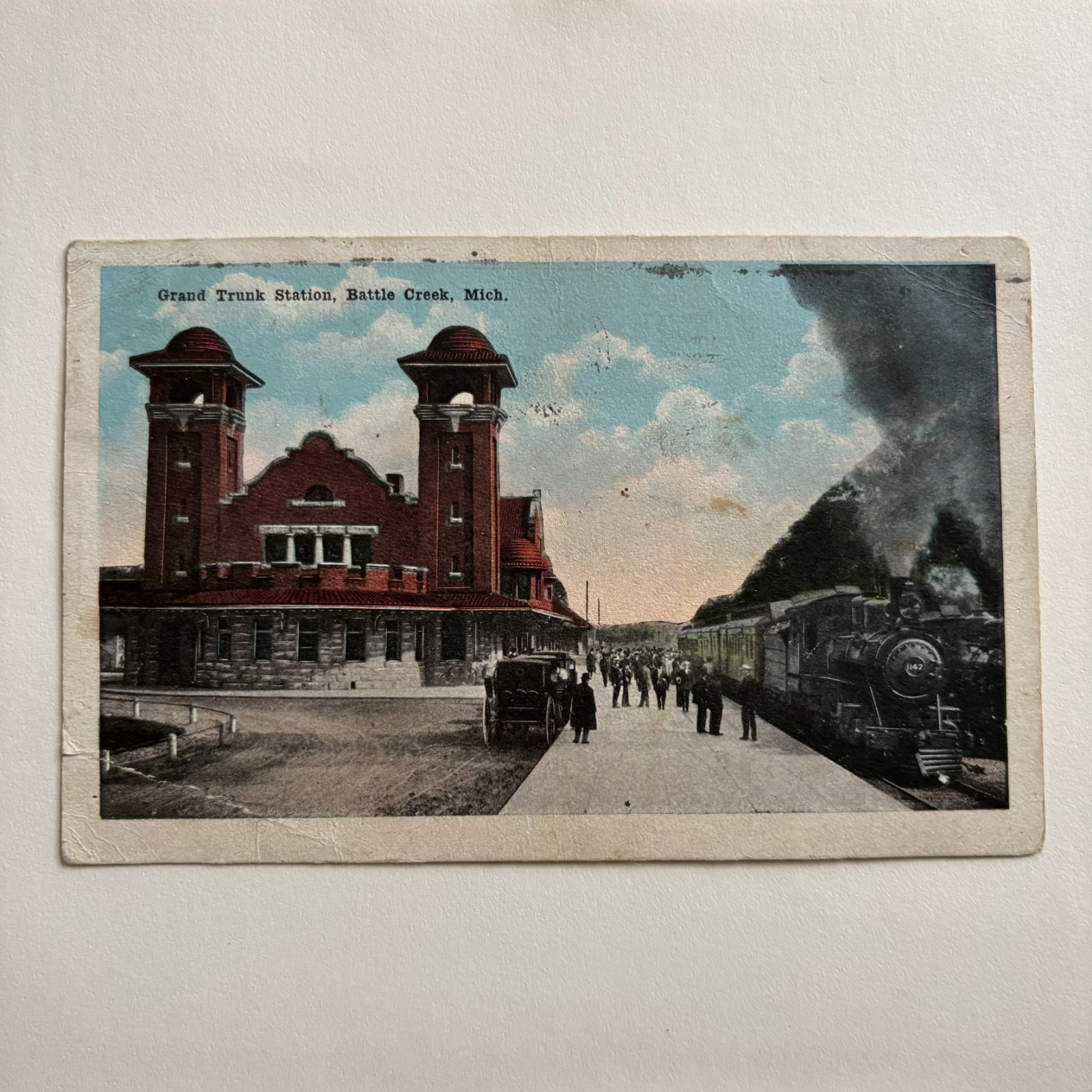 Vintage Postcard Grand Trunk Station Battle Creek Mi Steam Train Depot Railroad