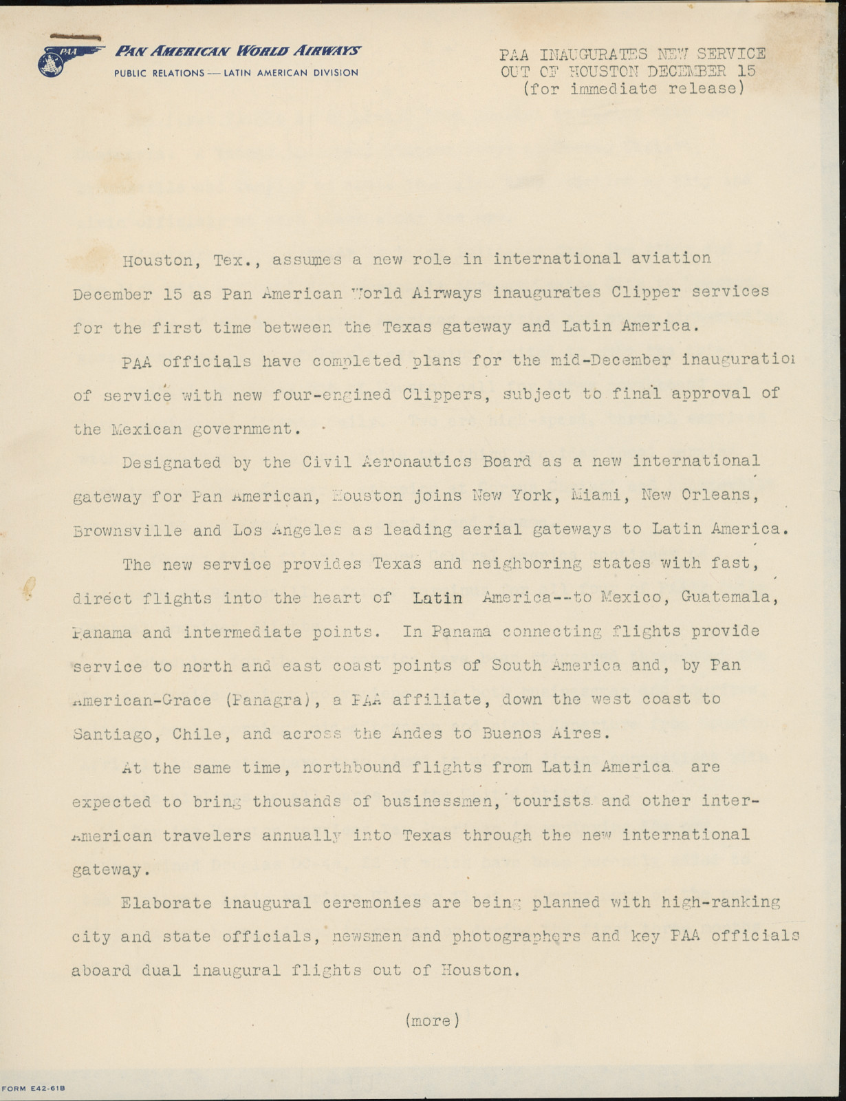 Pan Am Pan American Airways Vintage 1946 First Flights frm Houston Press Release