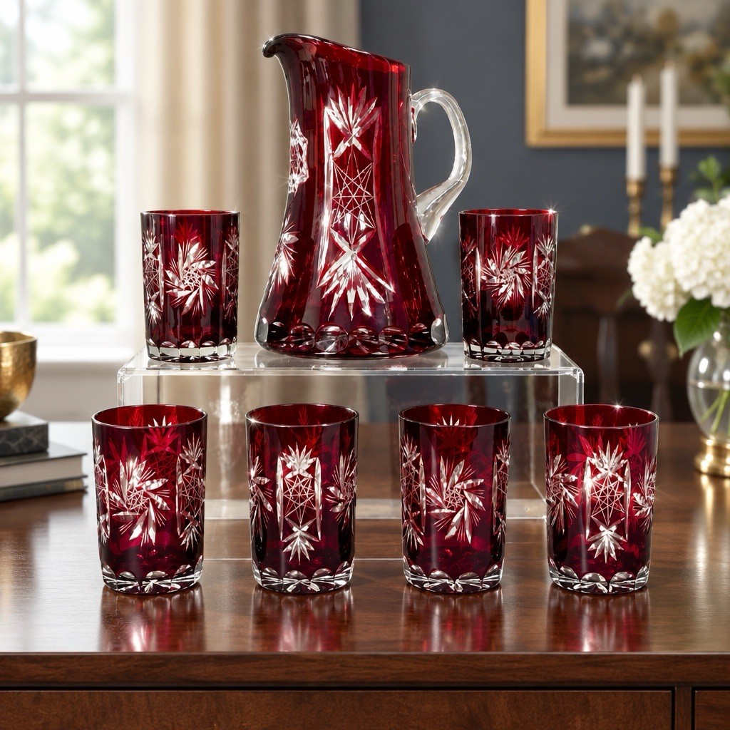 Vintage Nachtmann Bohemian ruby red cut-to-clear 9” pitcher and six 4” tumblers