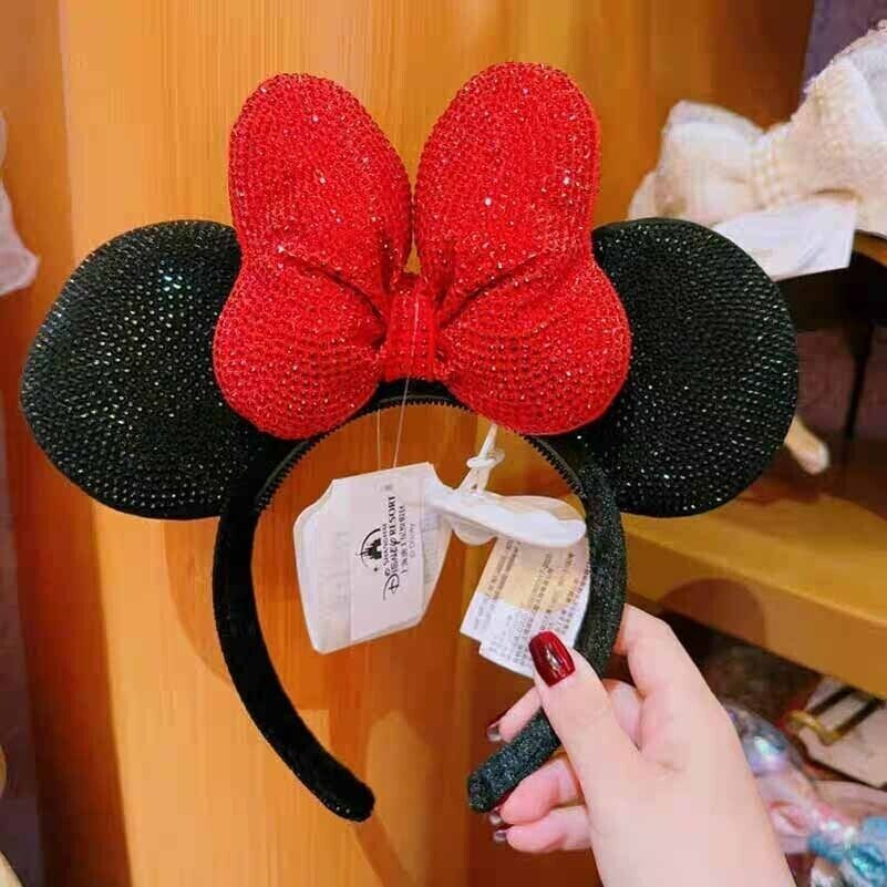 Authentic Disney Crystal Minnie Mouse Ear Headband Black Red Shanghai Disneyland