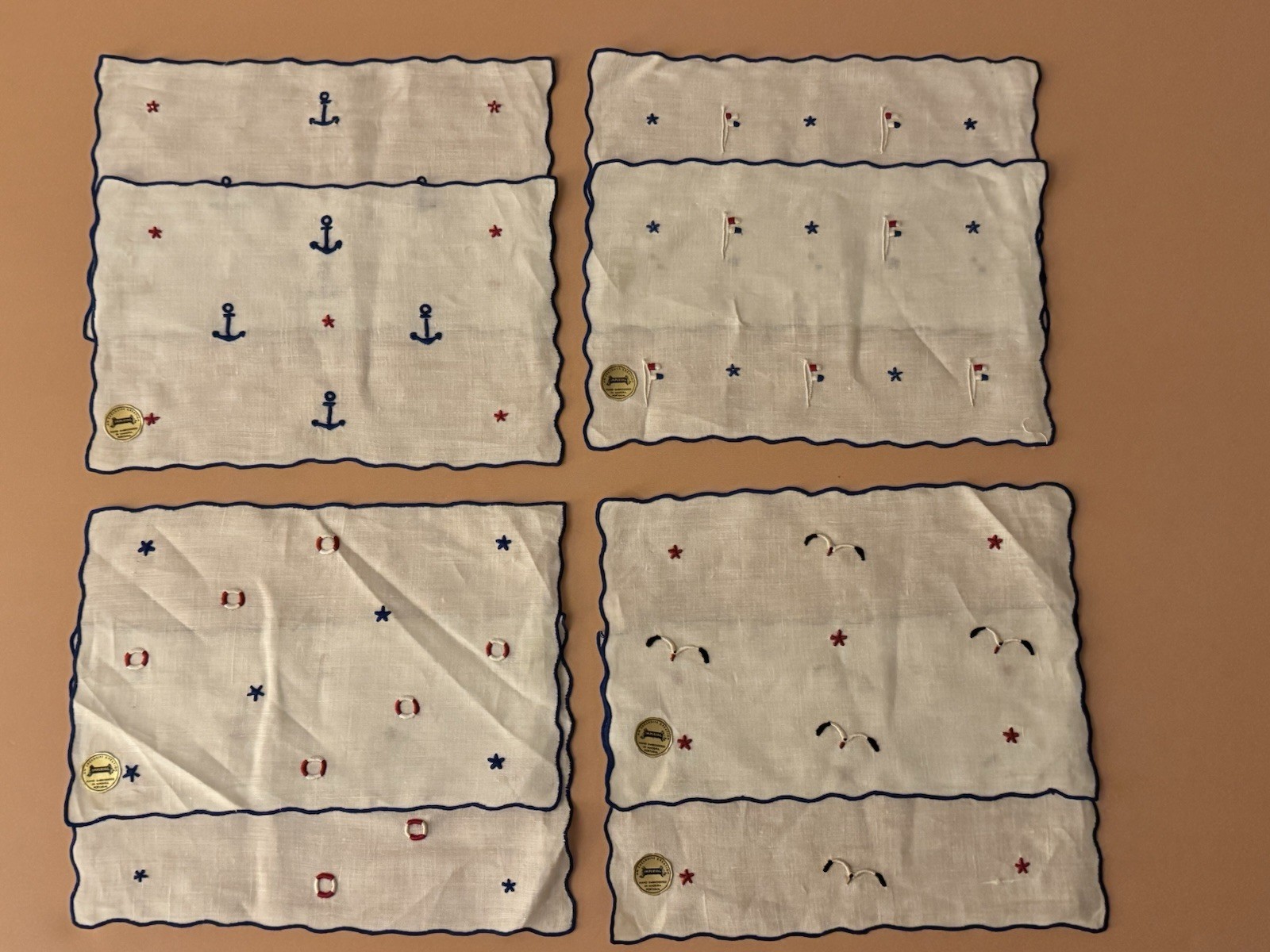 Vintage Madeira Linen Cocktail Napkins Set 8 Hand Embroidered Nautical Imperial