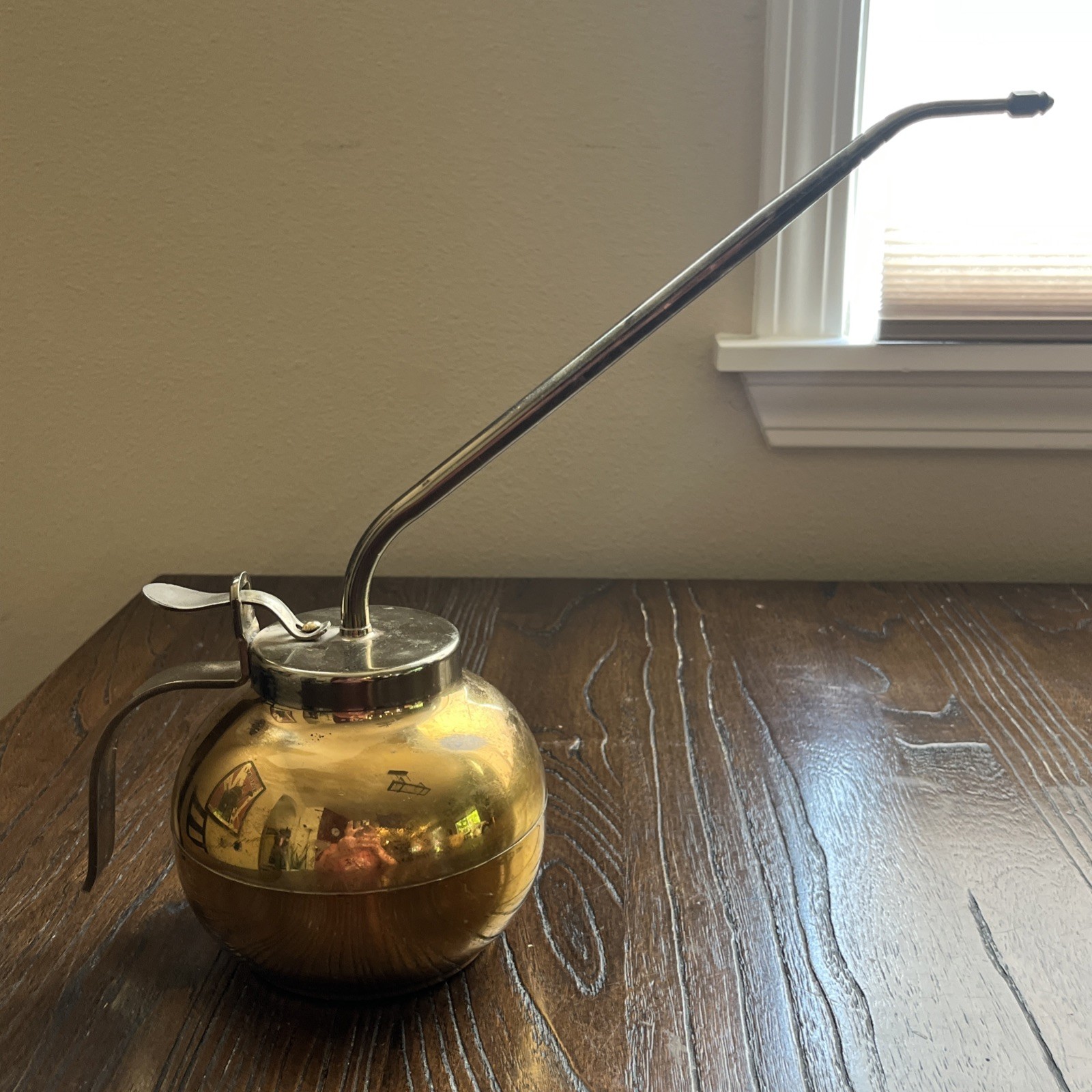 Vtg Brass Thumb Pump Oil Metal Watering Spray Spritzer Can Steampunk Long Spout