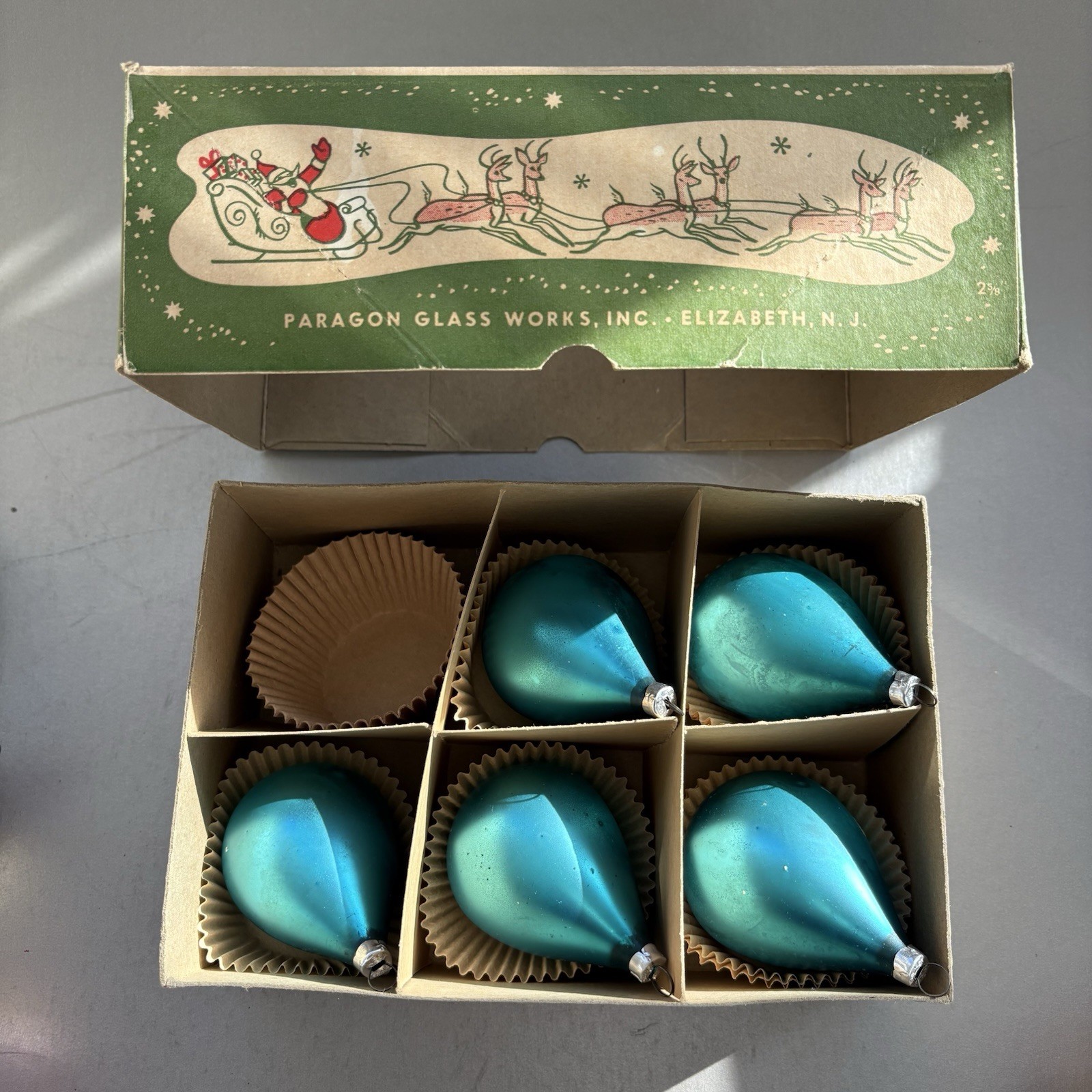 5 Vintage MCM West Germany 3.25” Pear Shape Rounded Tear Drop Glass Ornament Box