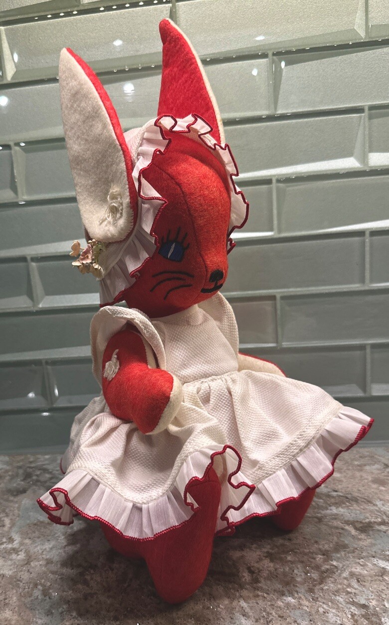 Vtg Unique Rare Jointed Red Felt Easter Bunny Doll 14” Embroidered Face