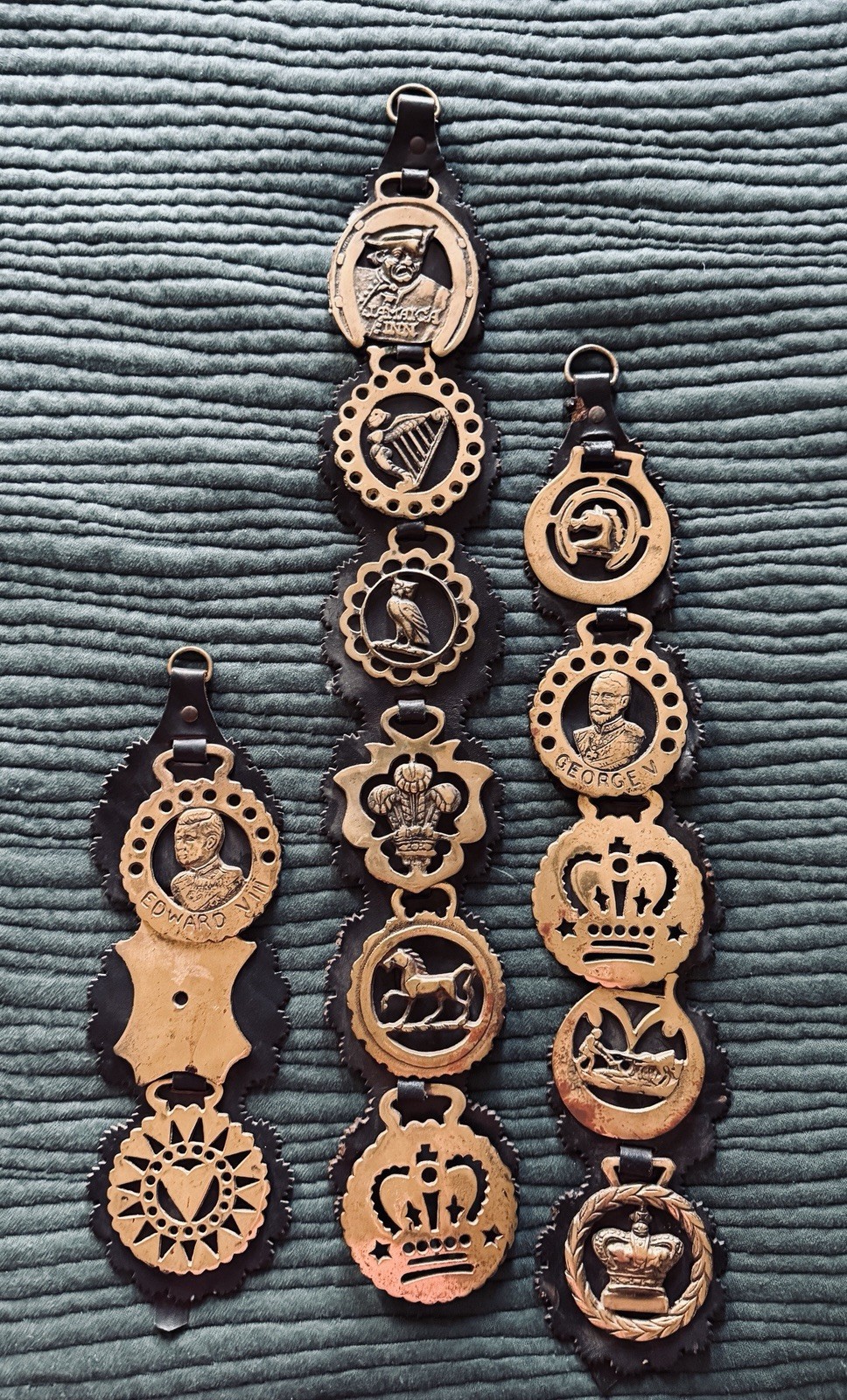 Equestrian Brass Horse Medallions with Leather Straps, Harness Brass, Lot of 3