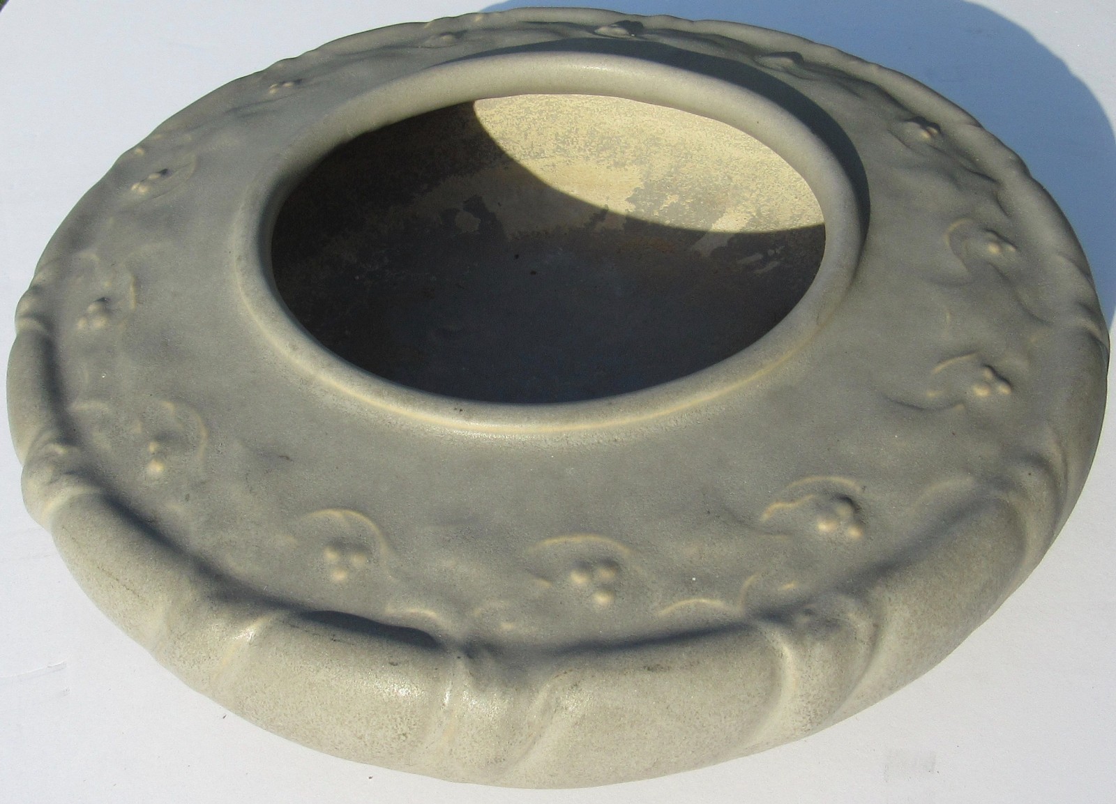 Circa 1905 Teco Pottery Green FLORAL Low Bowl Vase #136 JUST ART POTTERY label