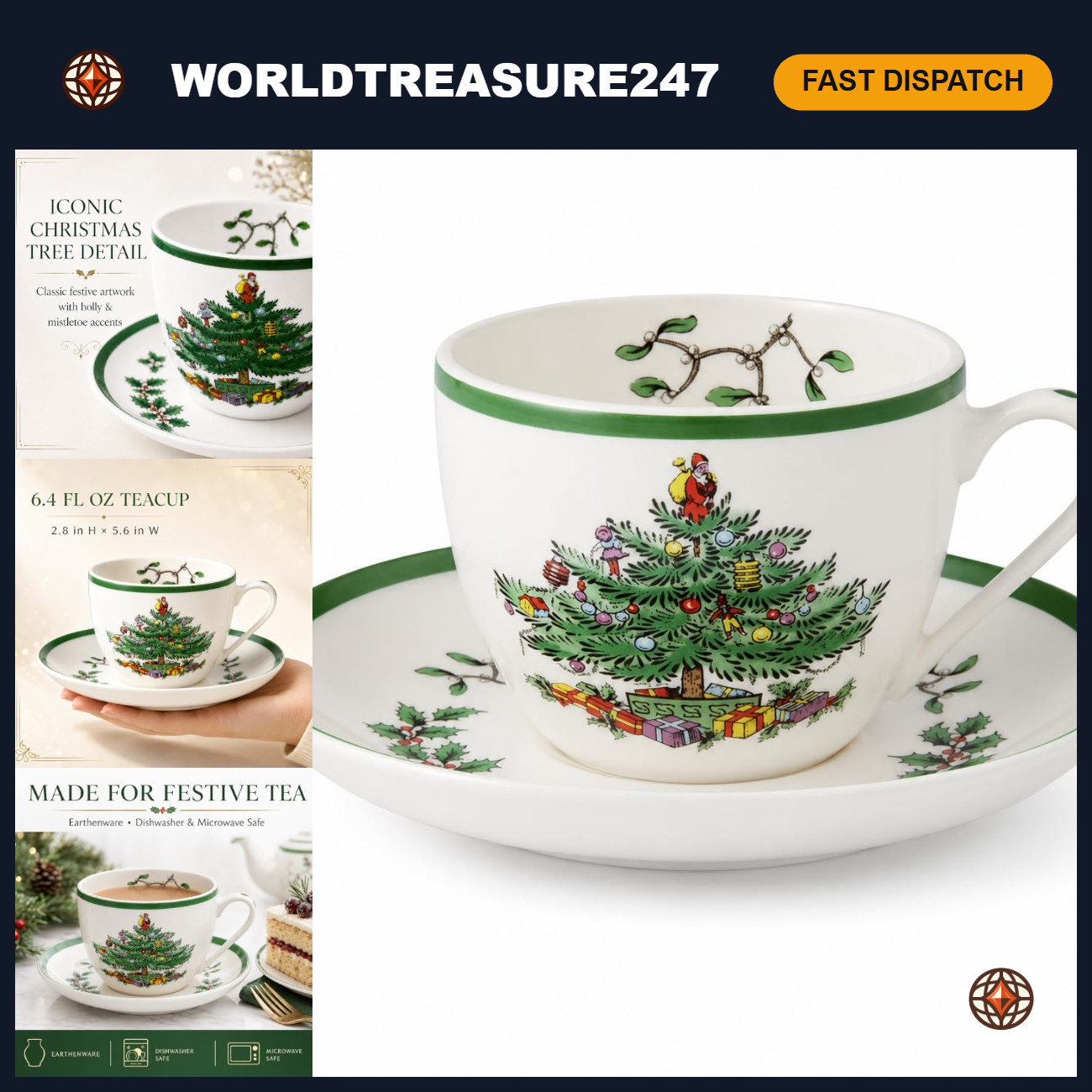 Christmas Tree Teacup & Saucer Set - 7 Oz, Holly & Mistletoe Design, Holiday Dec