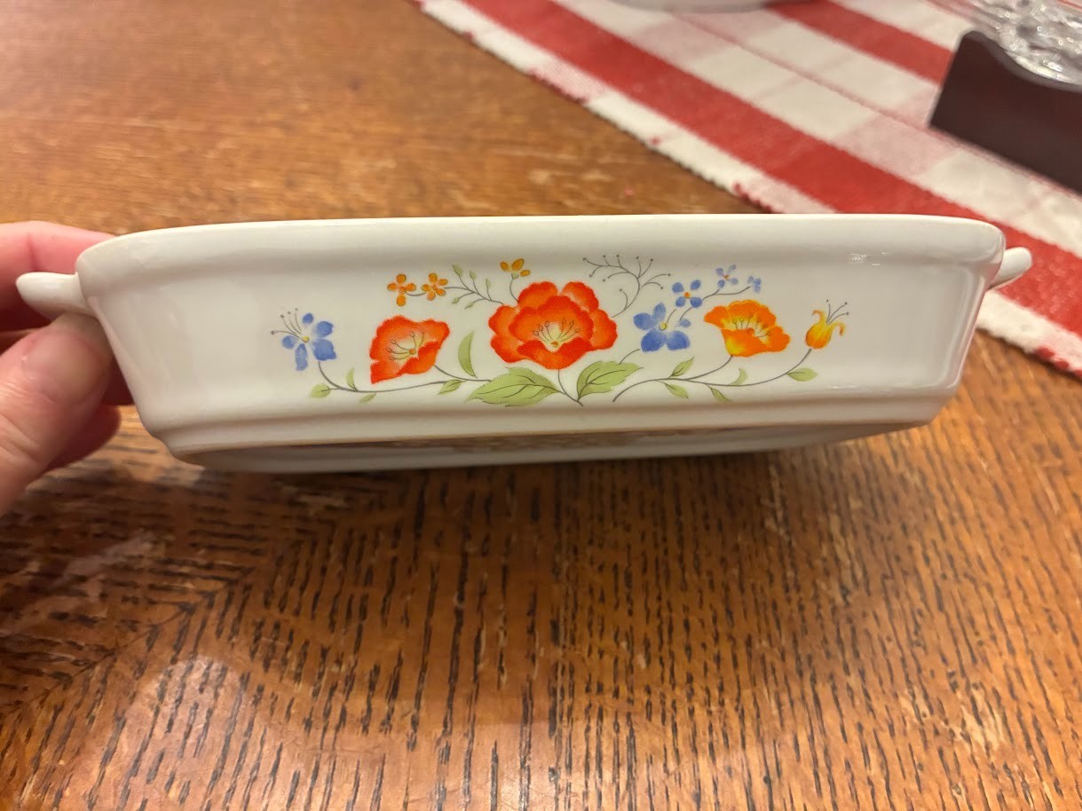 Vintage Japan Oven Proof Baking Dish White Orange Blue Flowers 7 x 4 rare