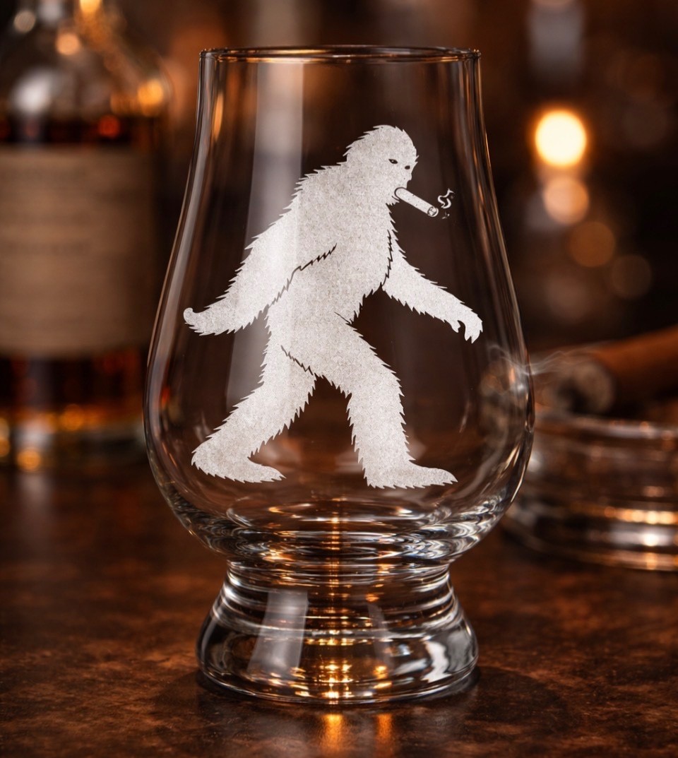 Bigfoot Laser Etched Glencairn Whisky Glass Sasquatch Bourbon Scotch Gift