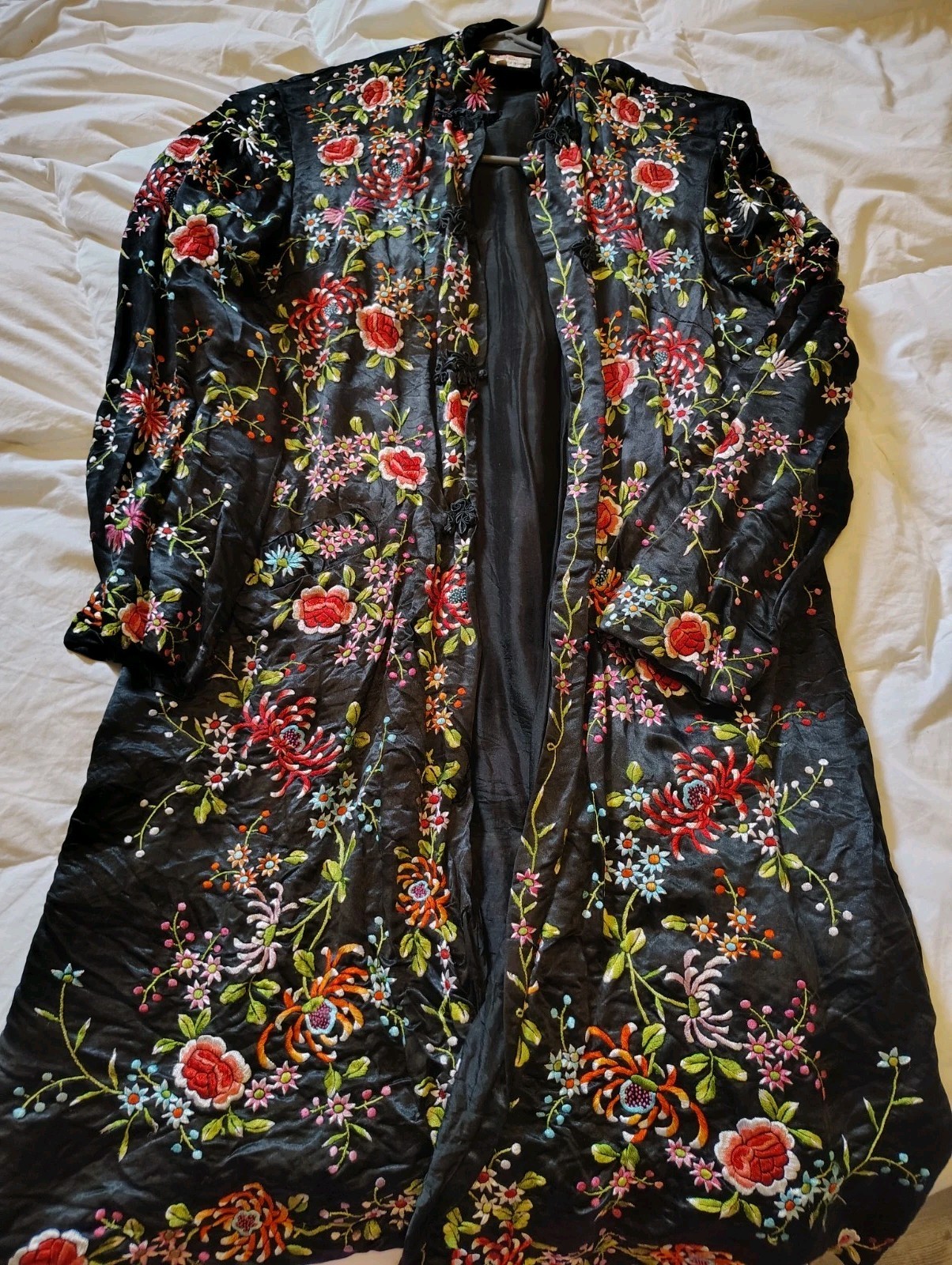 Vintage Plum Blossoms Chinese Black Silk Embroidered Floral Bird Coat 34