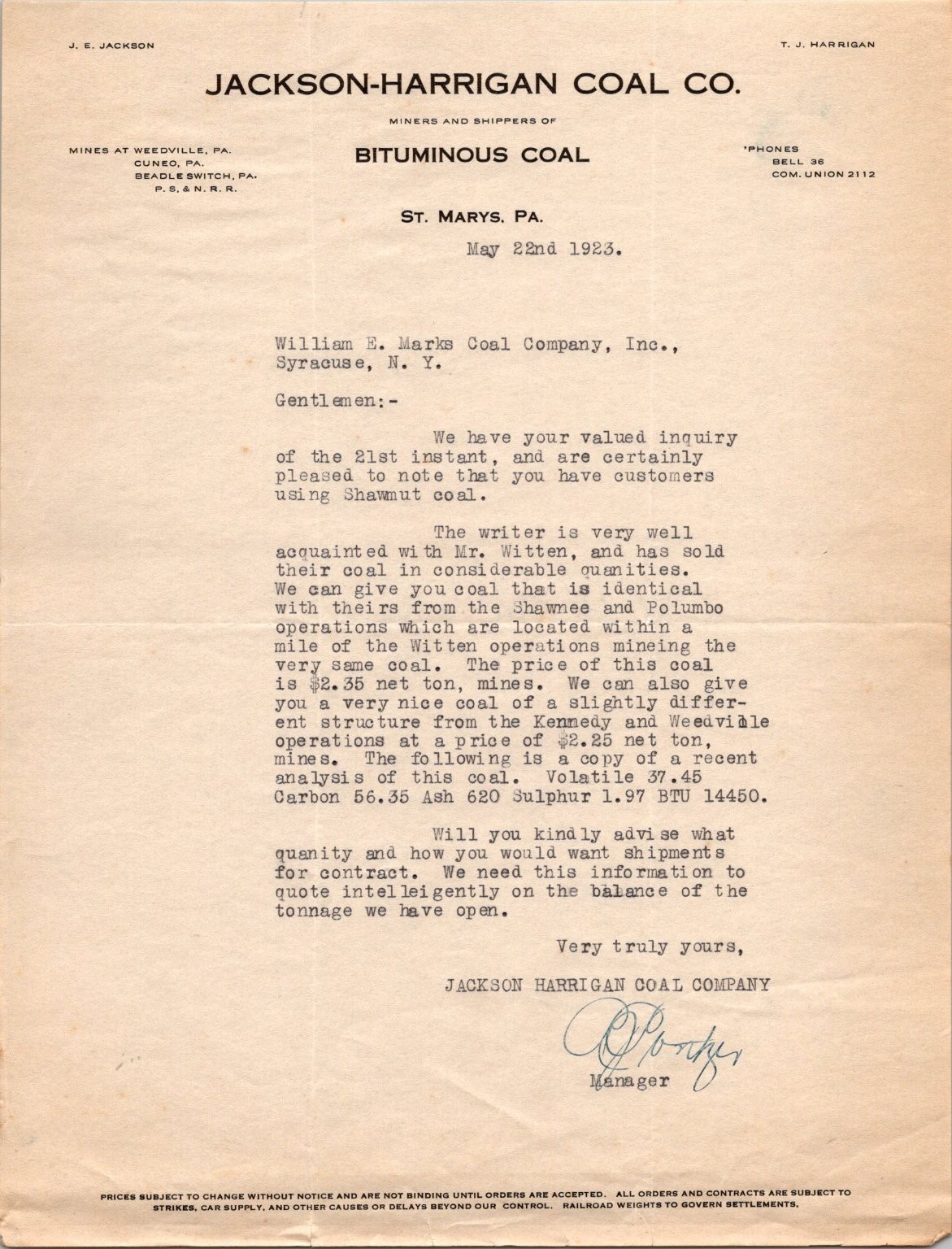 1923 Jackson-Harrigan Coal Co. Letter St. Marys PA Bituminous Coal