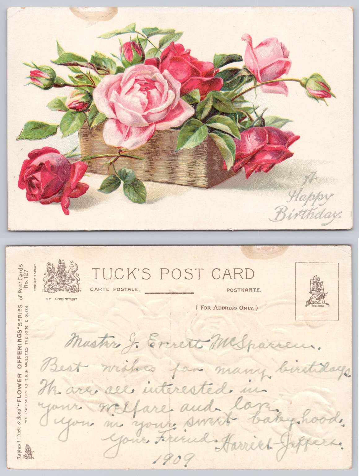 Raphael Tuck Embossed Birthday Roses Postcard 1909 Flower Offerings Series