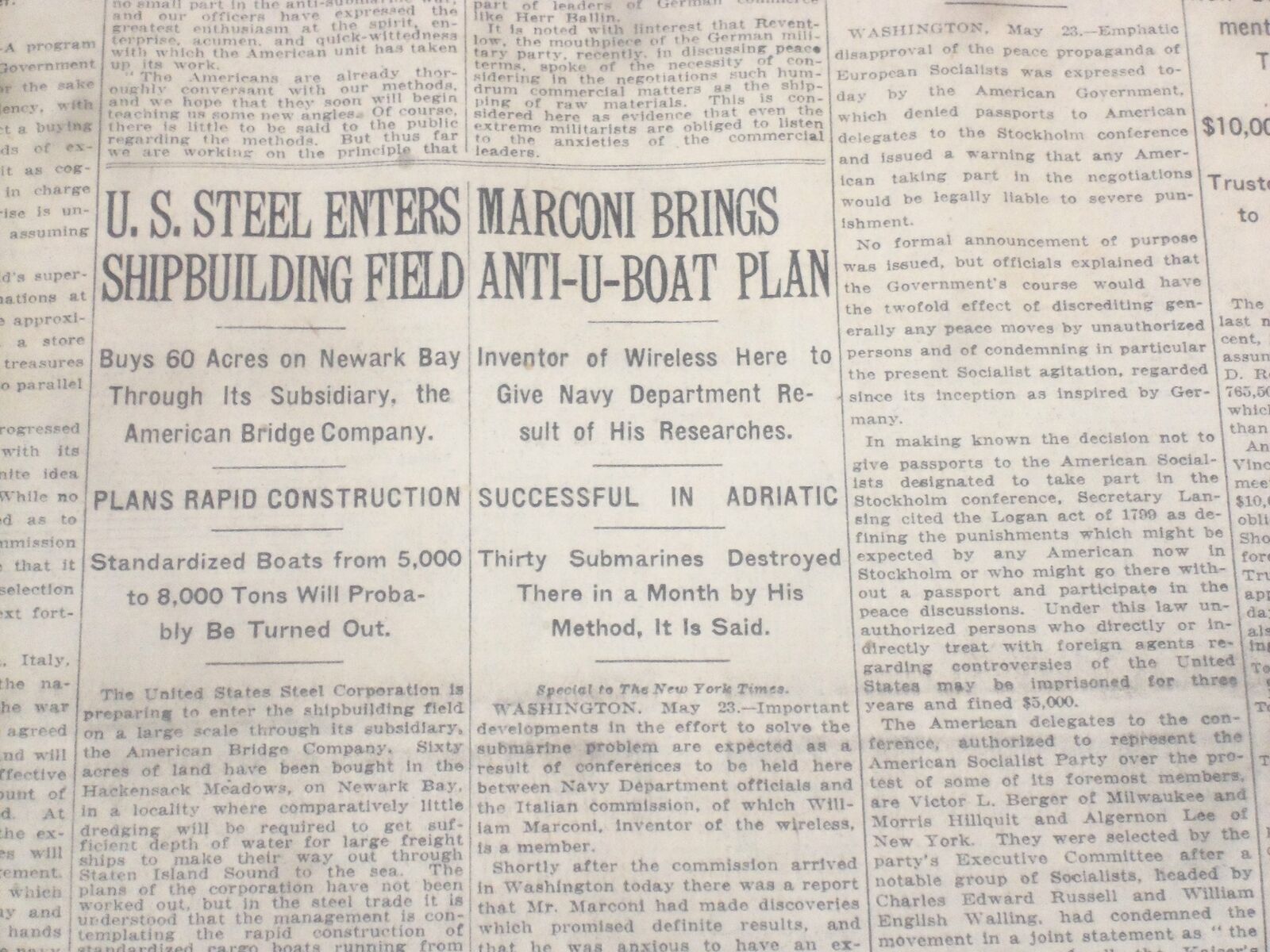 1917 MAY 24 NEW YORK TIMES - MARCONI BRINGS ANTI-U-BOAT PLAN - NT 9149