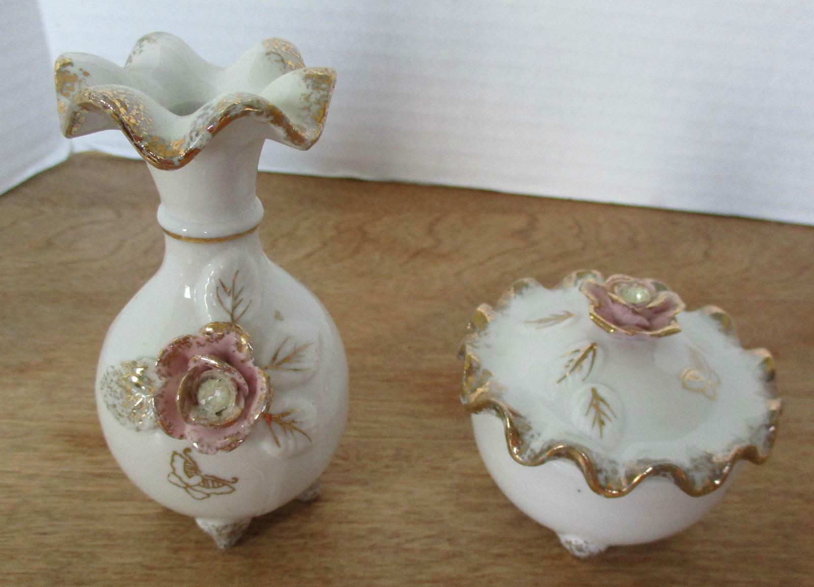 Thames Japan Porcelain Footed Trinket Box and Bud Vase Vanity Set 52/332
