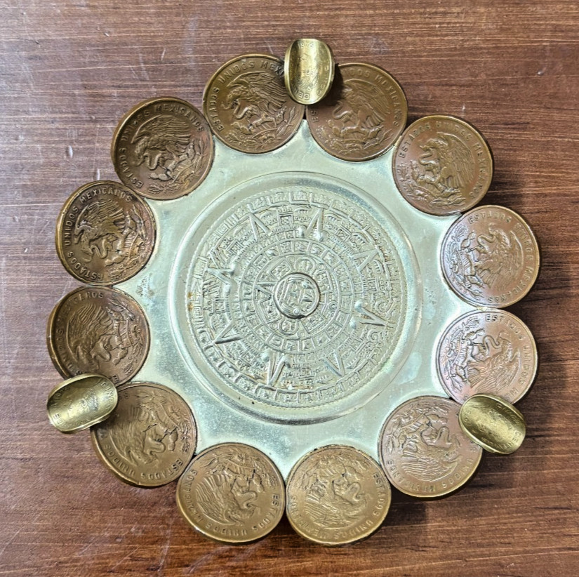 Vintage Mexican Coin Ashtray Aztec Calendar Brass Mexico Souvenir 1960s 1970s