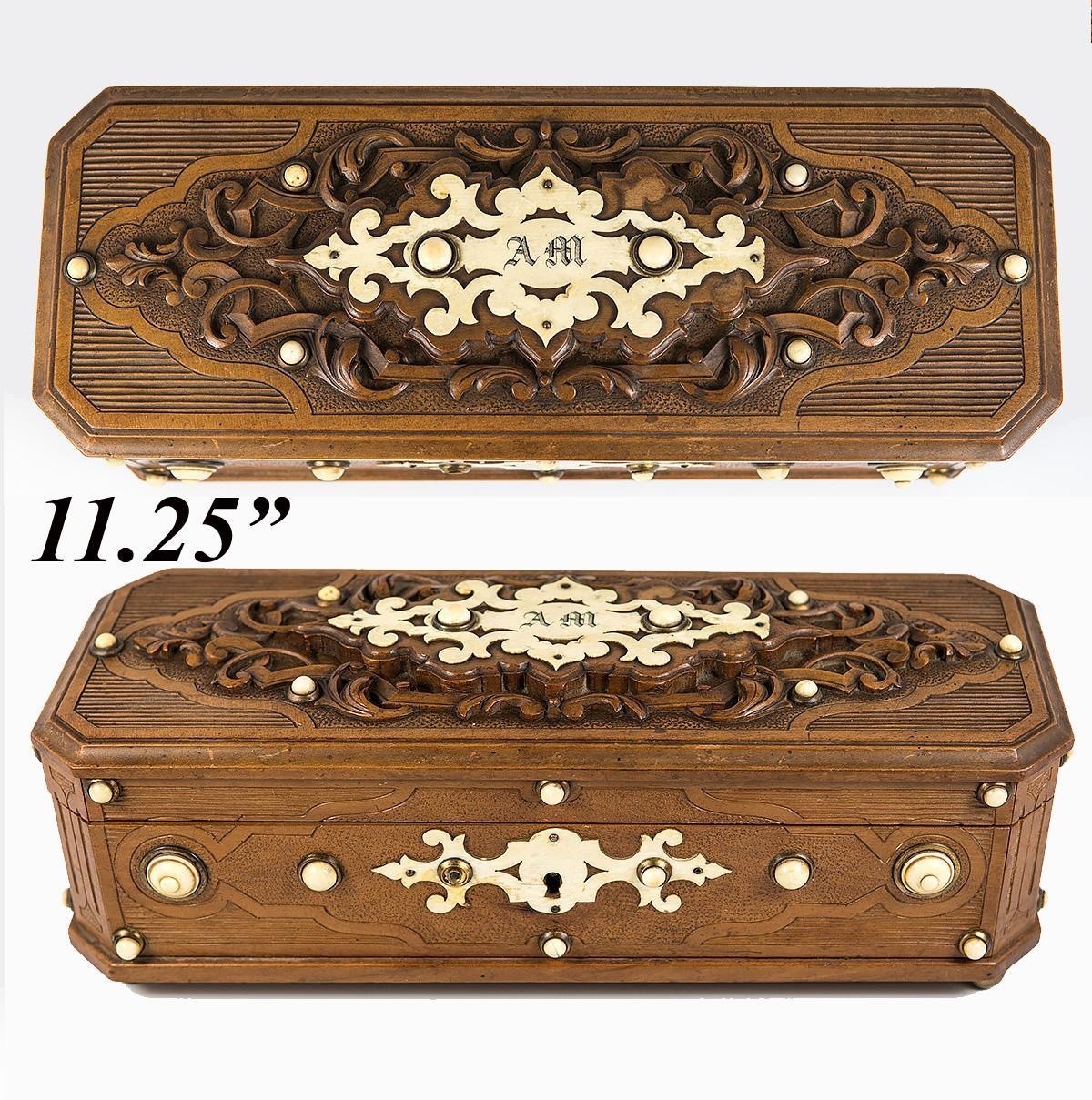 Fabulous Antique Hand Carved Black Forest Glove Box, Unique, Monogram A M