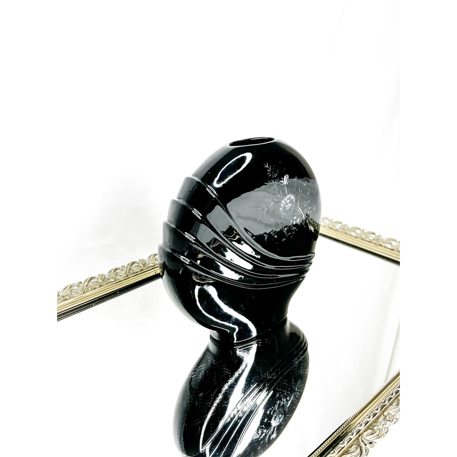 Vintage Small Black Round Haeger-like Art Deco Vase With White Floral Details Vintage Small Black Round Haeger-like Art Deco Vase With White Floral Details