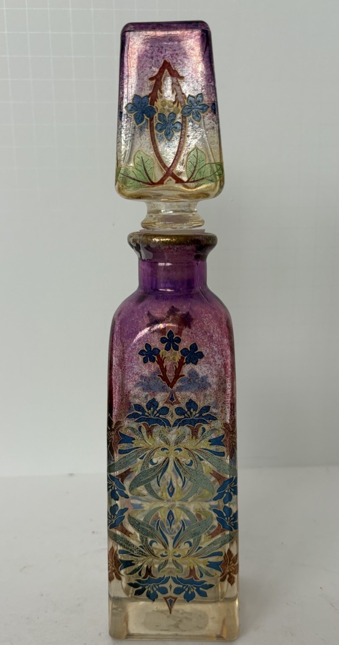 Bohemian Style Perfume Bottle Purple Gold Floral Vanity Decor Stoper 10” Vintage