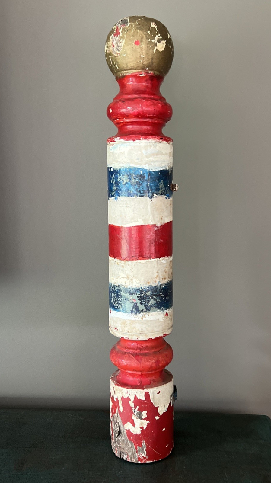 ATQ. PRIMITIVE LATE 19th CENTURY WOOD BARBER POLE HAND TURNED & PAINTED 24 3/4\