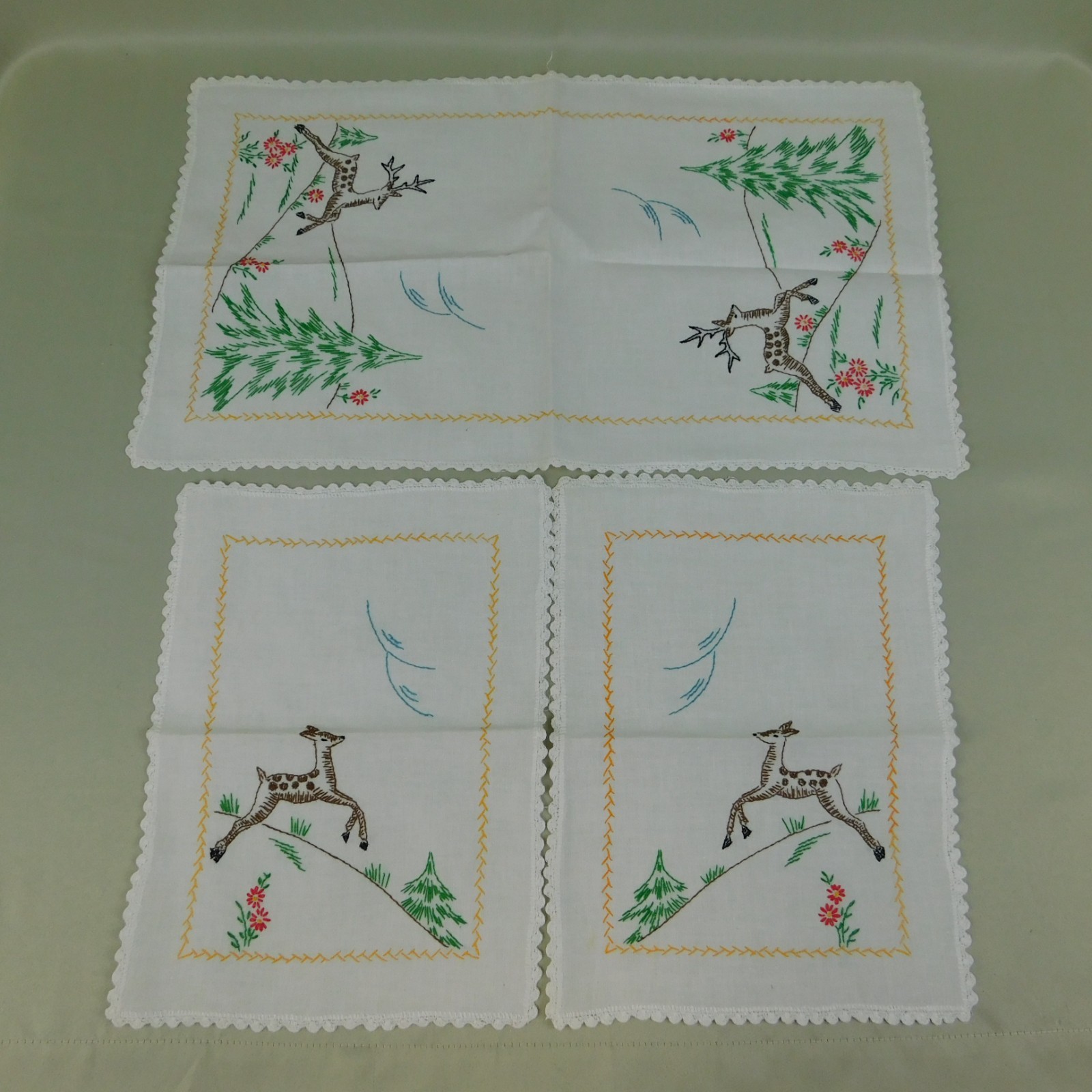 Vintage MCM 3pc Set Dresser Scarves Deer Fawn Hand Embroidered Crocheted Trim Vintage MCM 3pc Set Dresser Scarves Deer Fawn Hand Embroidered Crocheted Trim