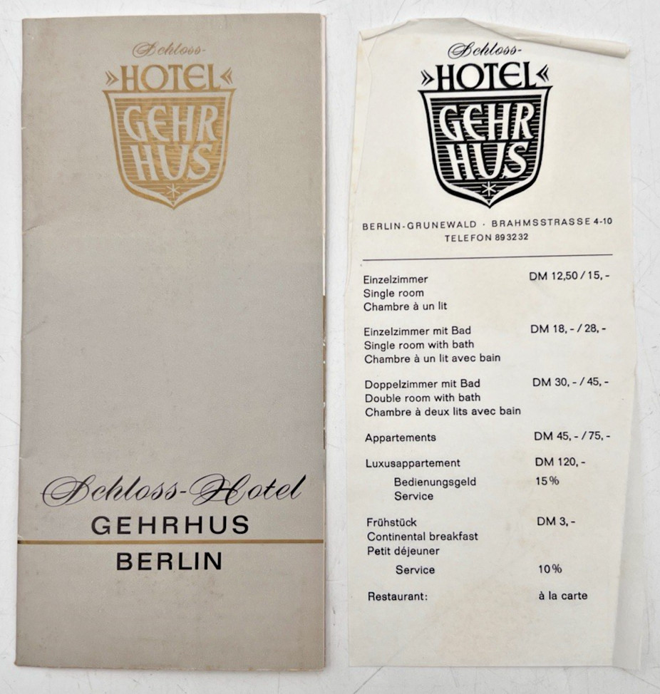 SCHLOSS HOTEL GEHRHUS BERLIN BROCHURE & PRICE LIST DM 12,50 SINGLE ROOM