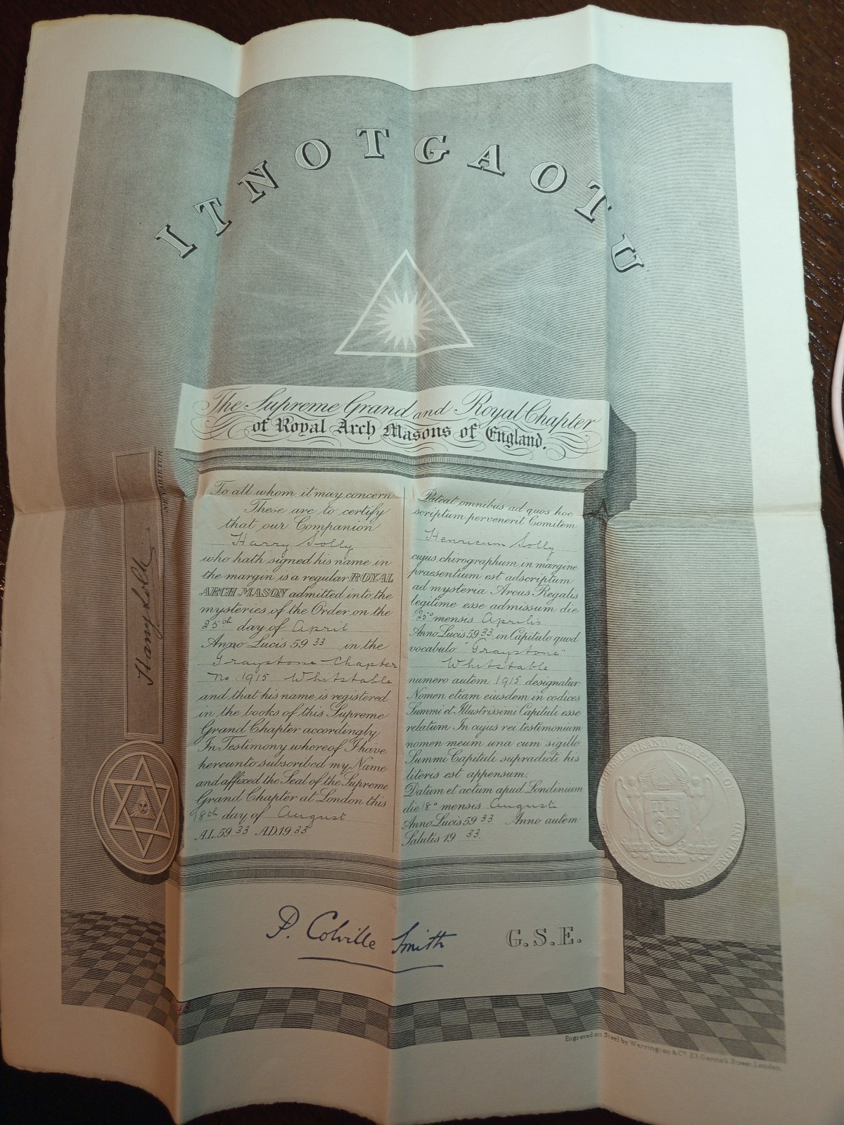 1933 Royal Arch Masons  Certificate  Freemasonry  masonic/881