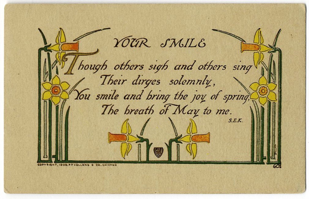 Volland 1909 ARTS & CRAFTS Postcard Poem YOUR SMILE Daffodil Flower Border