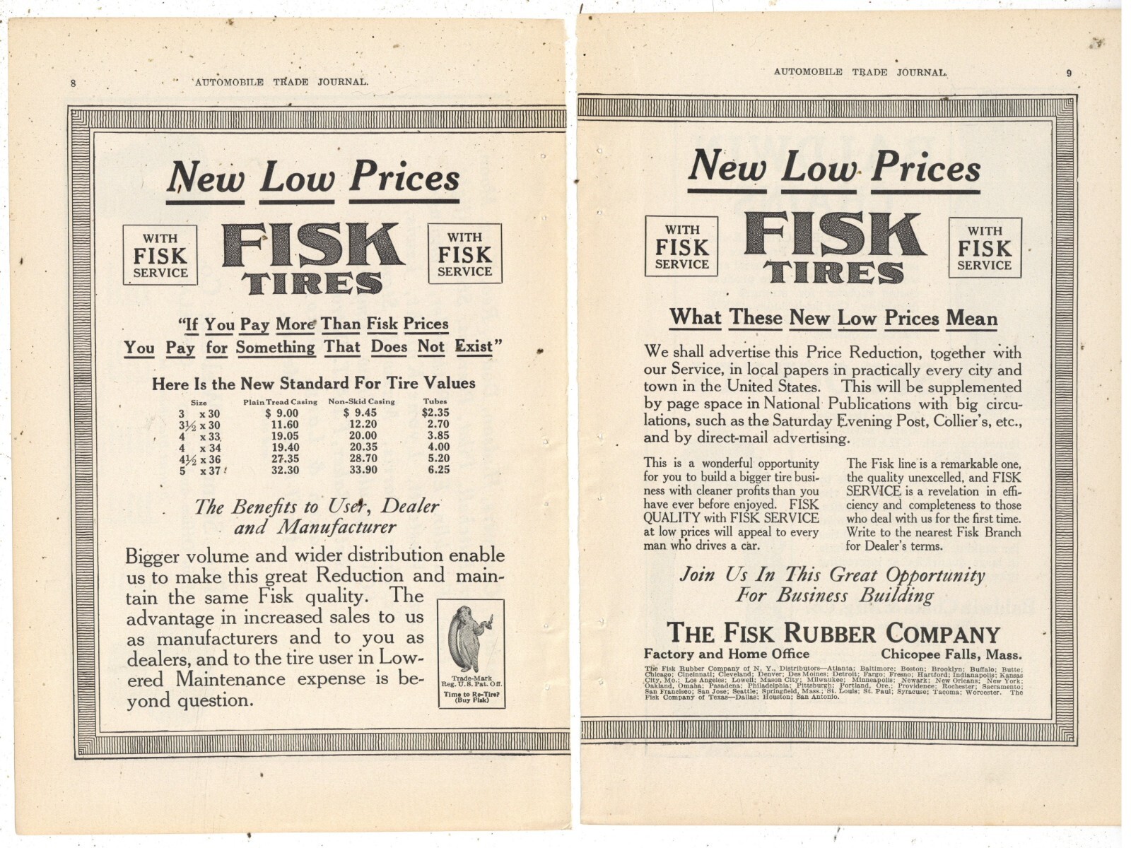 1915 Fisk Rubber Co. 2 Sep. Pg. Ad: PRICE QUOTES - Chicopee Falls, Massachusetts
